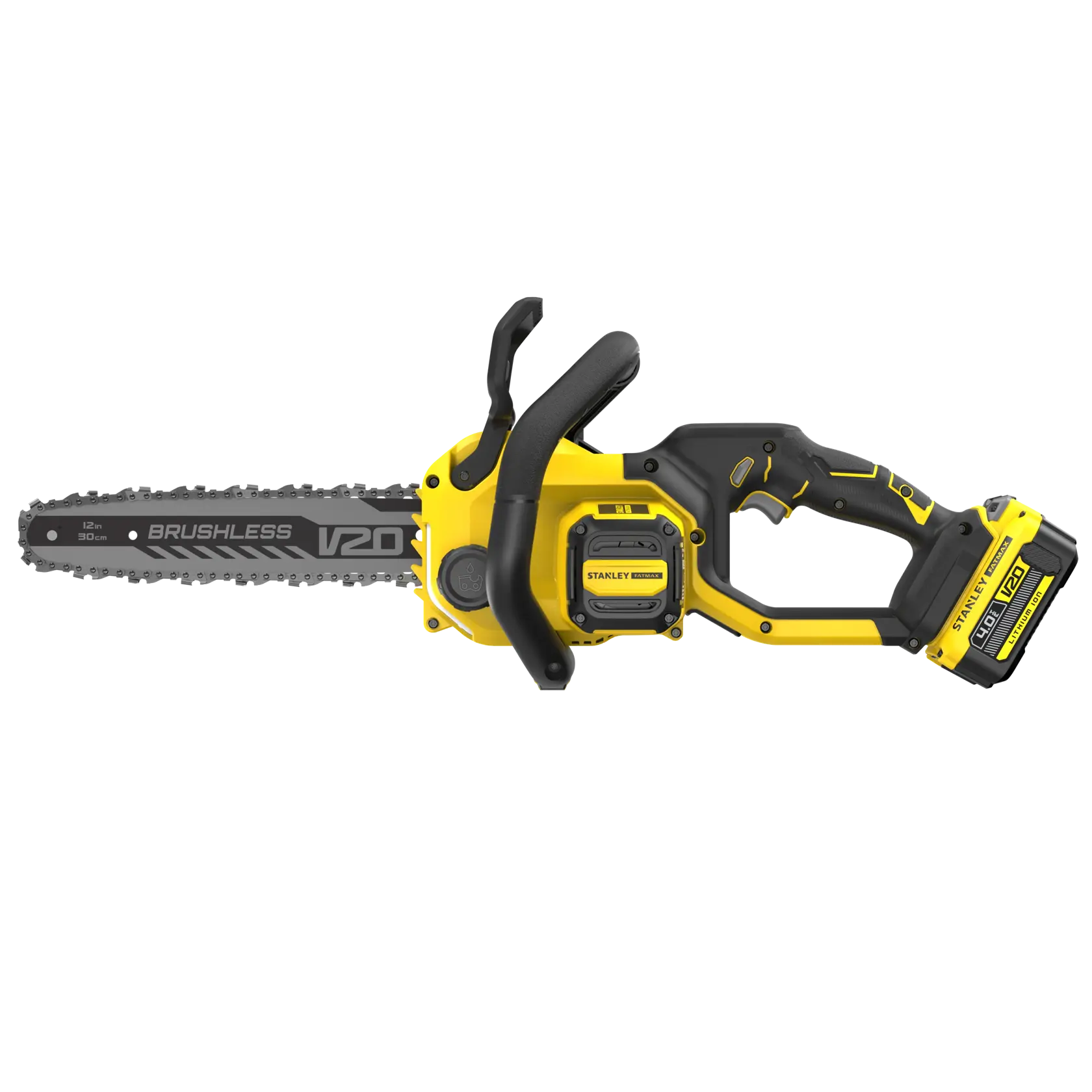 STANLEY SFMCCS730M1 Akku-Kettensäge, gelb und schwarz, Seitenansicht auf weißem Hintergrund.