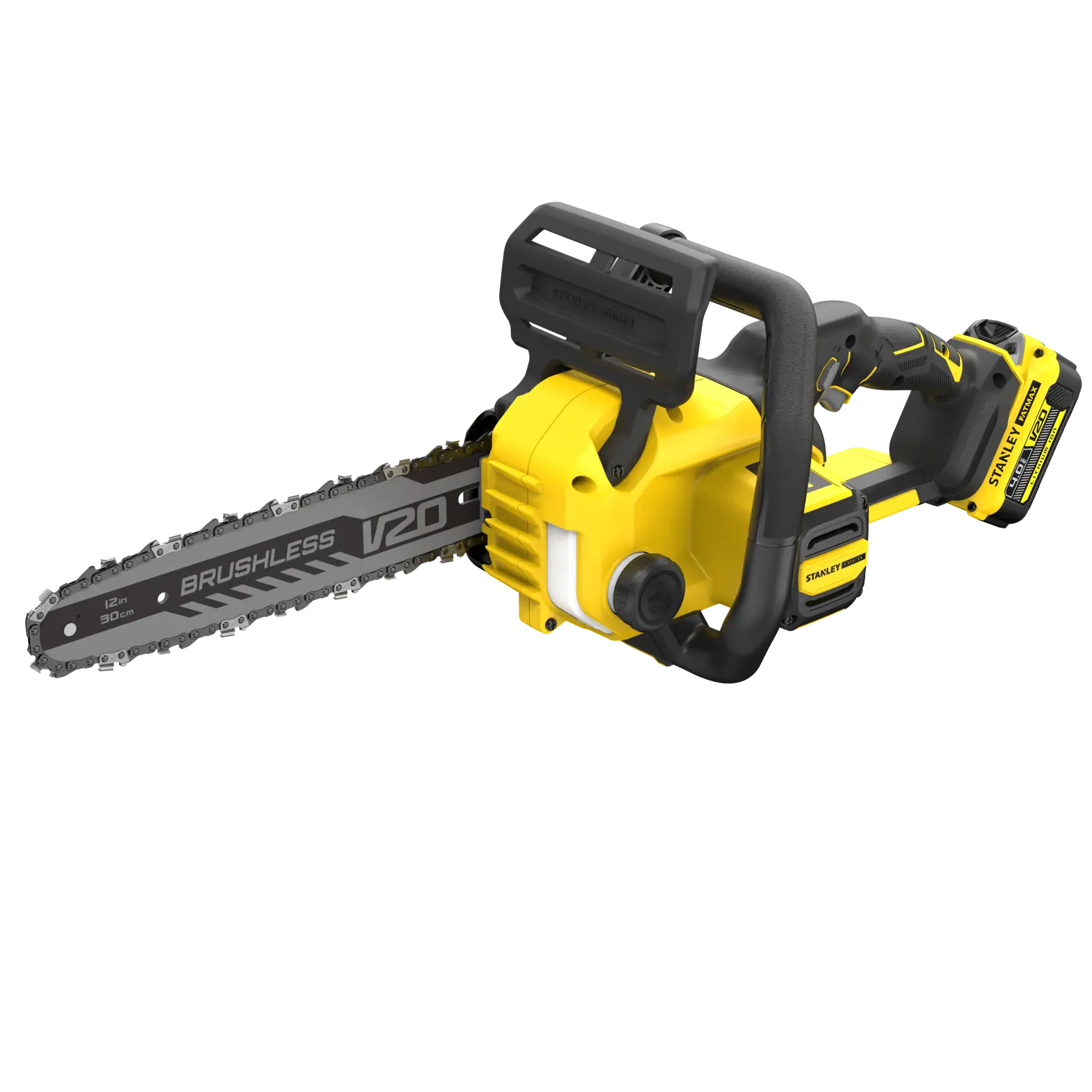 STANLEY SFMCCS730M1 Akku-Kettensäge, gelb und schwarz, Seitenansicht auf weißem Hintergrund.