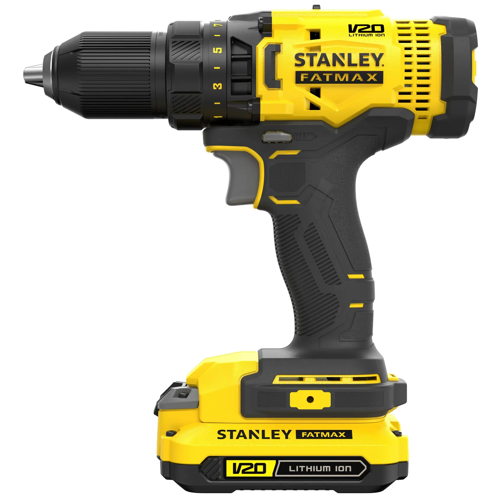 STANLEY SFMCD700C2K Akku-Bohrmaschine in Gelb und Schwarz, Seitenansicht, V20 Lithium Ion, Werkzeugfotografie.
