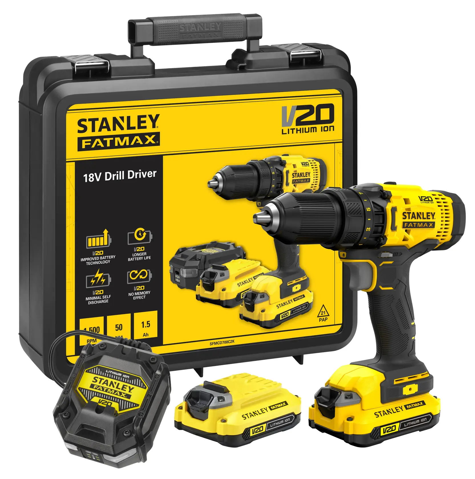 STANLEY SFMCD700C2K Akkubohrer, gelb und schwarz, Seitenansicht, V20 Lithium Ion.
