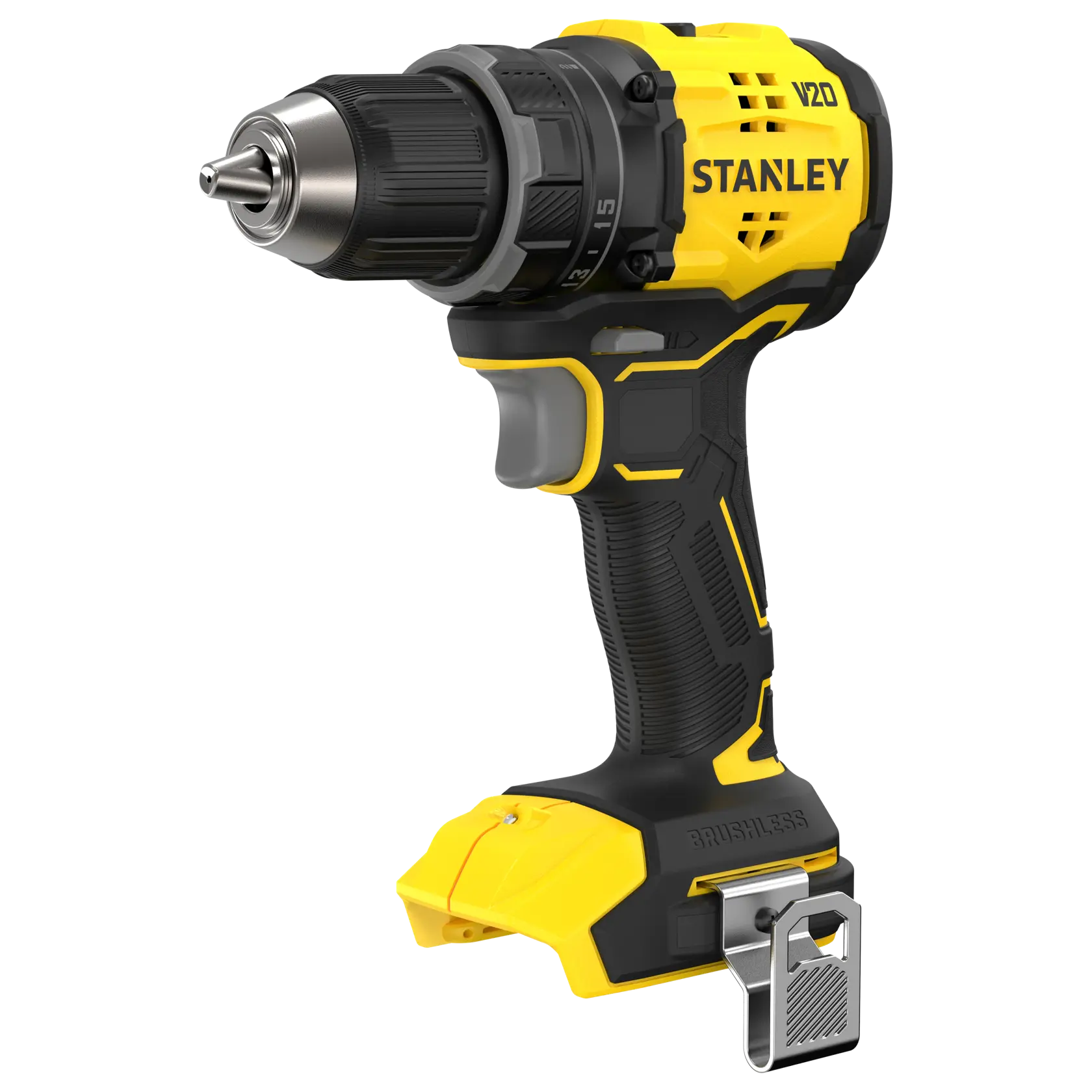 STANLEY SFMCD714B-XJ Akku-Bohrmaschine gelb und schwarz, Seitenansicht vor weißem Hintergrund.