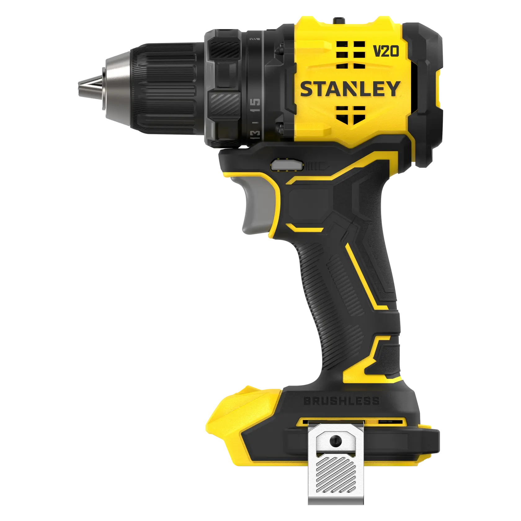 STANLEY SFMCD714B-XJ Akku-Bohrmaschine, Schwarz-Gelb, Seitenansicht mit bürstenlosem Motor und Metall-Gürtelclip.