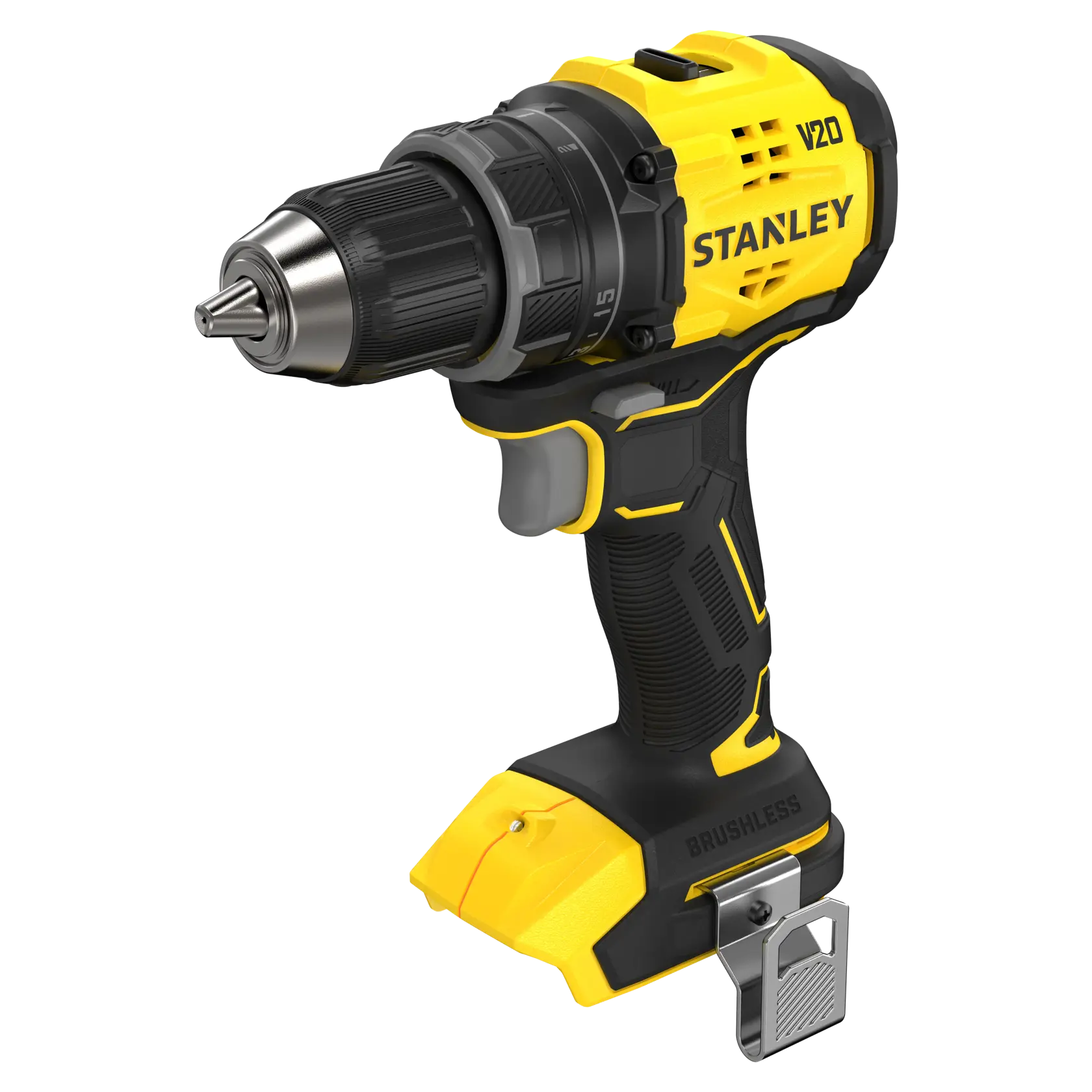 STANLEY SFMCD714B-XJ Akku-Bohrmaschine, gelb und schwarz, Seitenansicht, brushless, FATMAX V20 Serie.