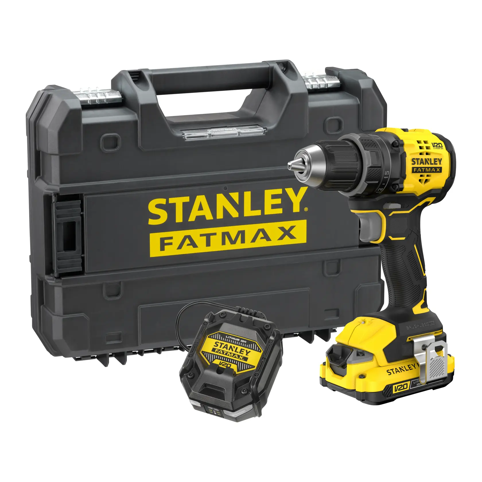 STANLEY SFMCD714D1T V20 Akkubohrerset mit schwarzem Koffer und Ladegerät, Vorderansicht auf weißem Hintergrund.