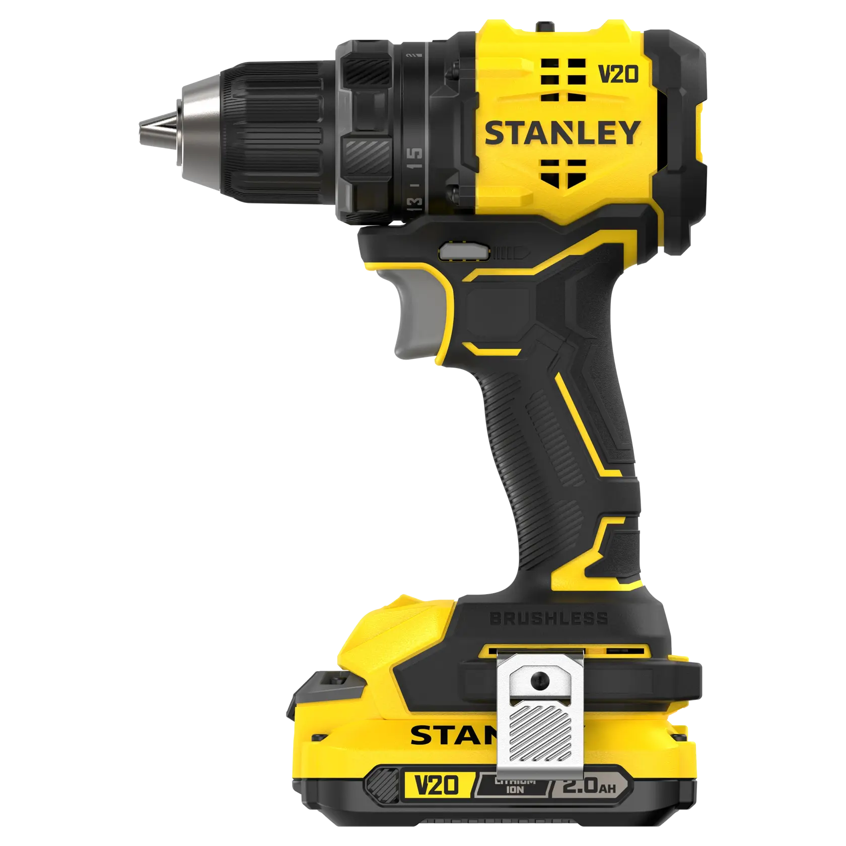 Foto der kabellosen Bohrmaschine STANLEY SFMCD714D2T, gelb und schwarz, Seitenansicht auf weißem Hintergrund.