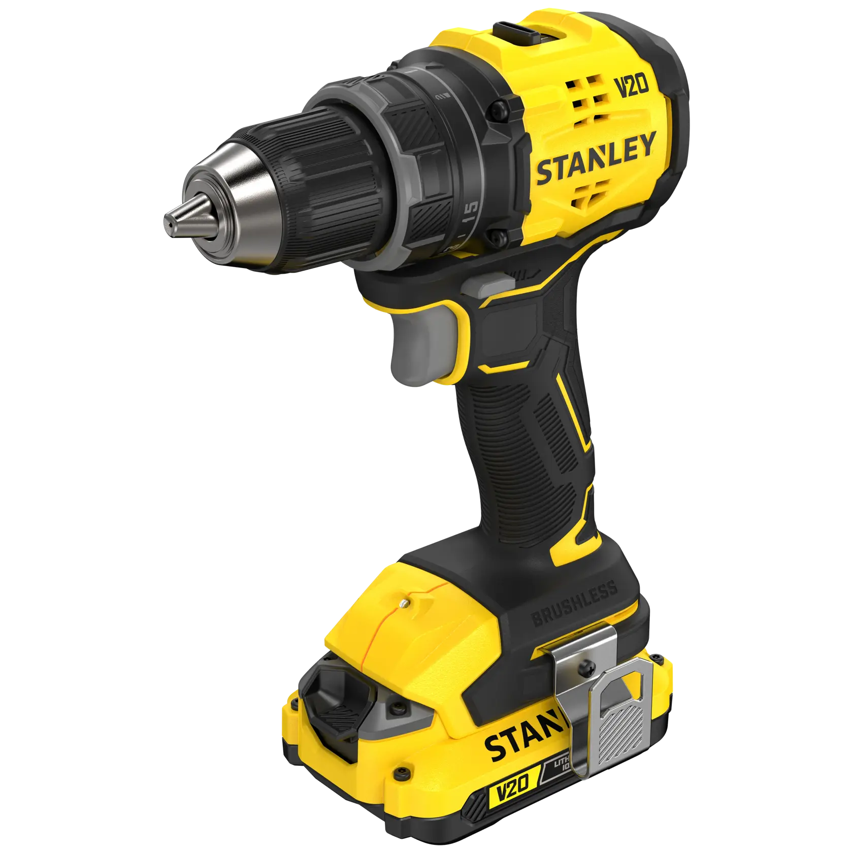 Foto des STANLEY SFMCD714D2T Akku-Bohrers, gelb und schwarz, Vorderansicht links, Werkzeugkategorie.