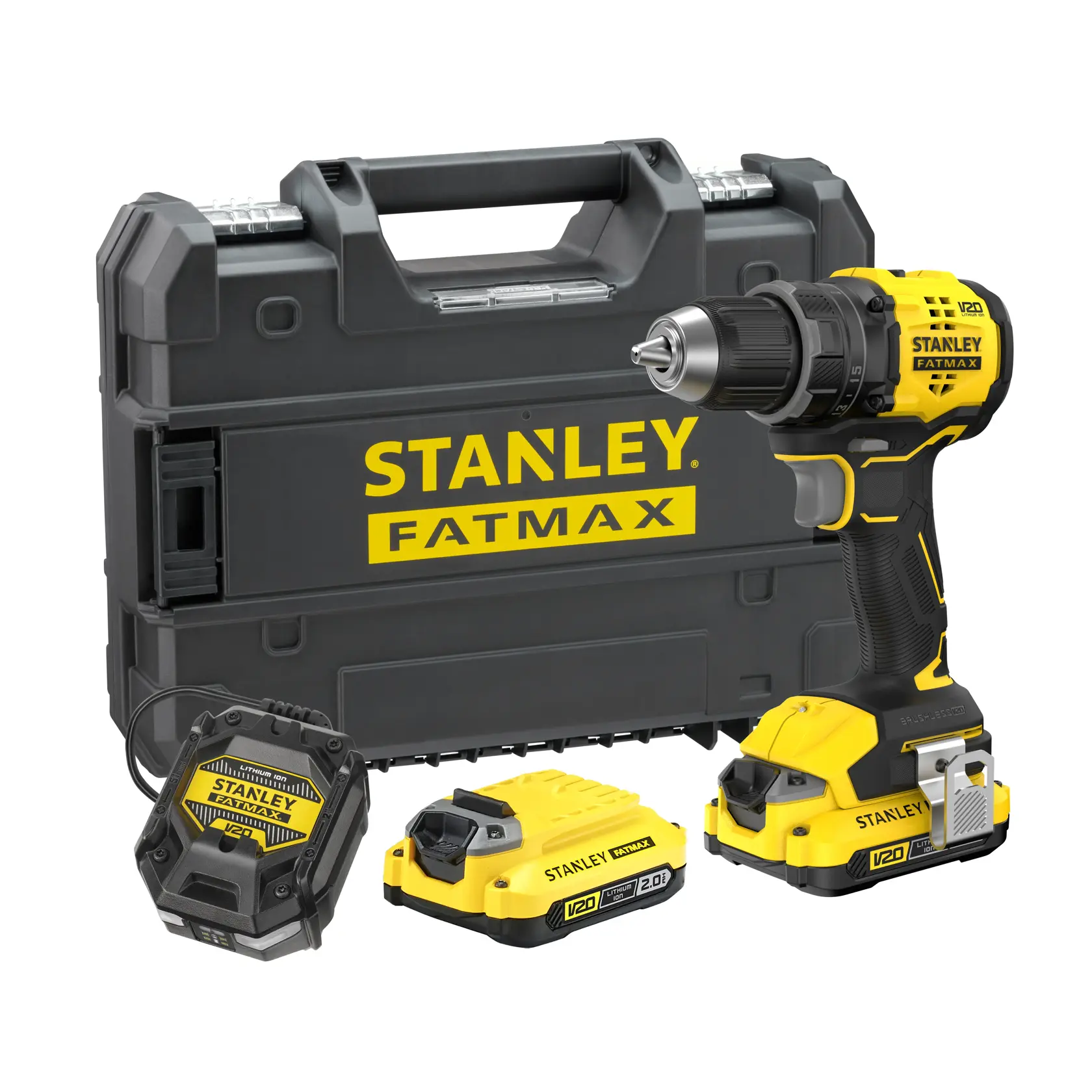 STANLEY SFMCD714D2T Akku-Bohrset mit Koffer, Ladegerät und zwei gelben Batterien, Vorderansicht.