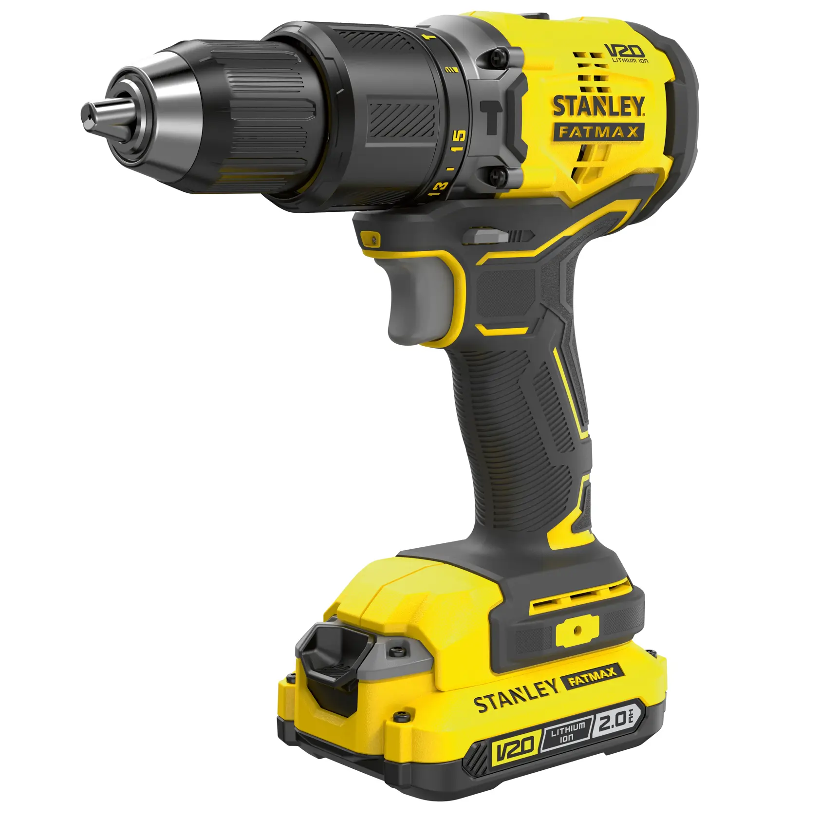 STANLEY SFMCD715D1K Akku-Bohrmaschine, gelb und schwarz, Hauptansicht auf weißem Hintergrund.