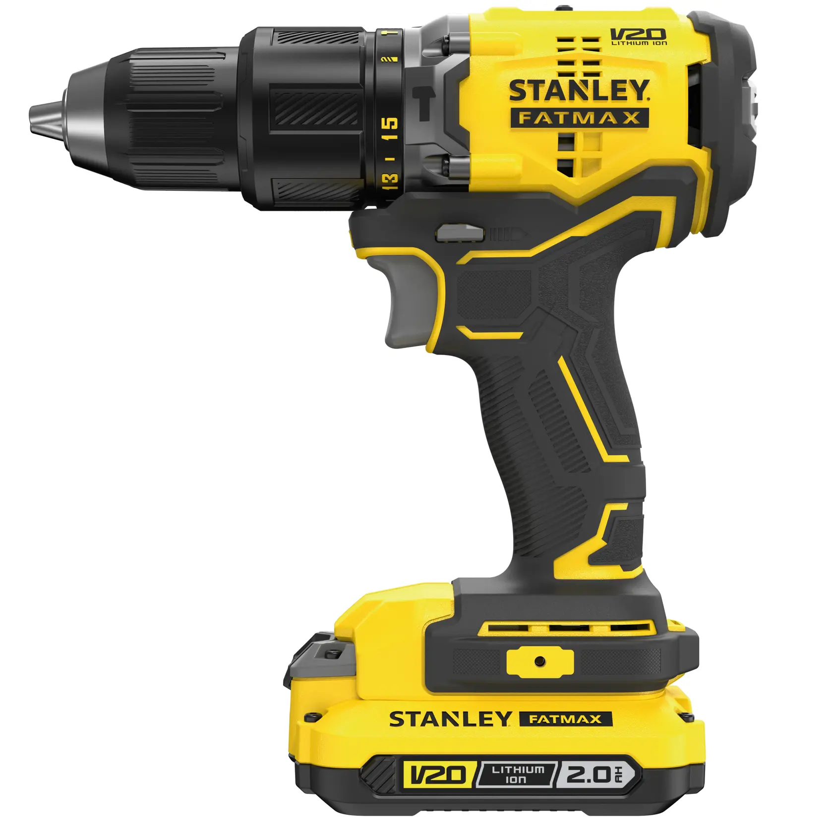 STANLEY SFMCD715D1K Akku-Bohrmaschine, gelb und schwarz, Seitenansicht, Produktkategorie Fotografie