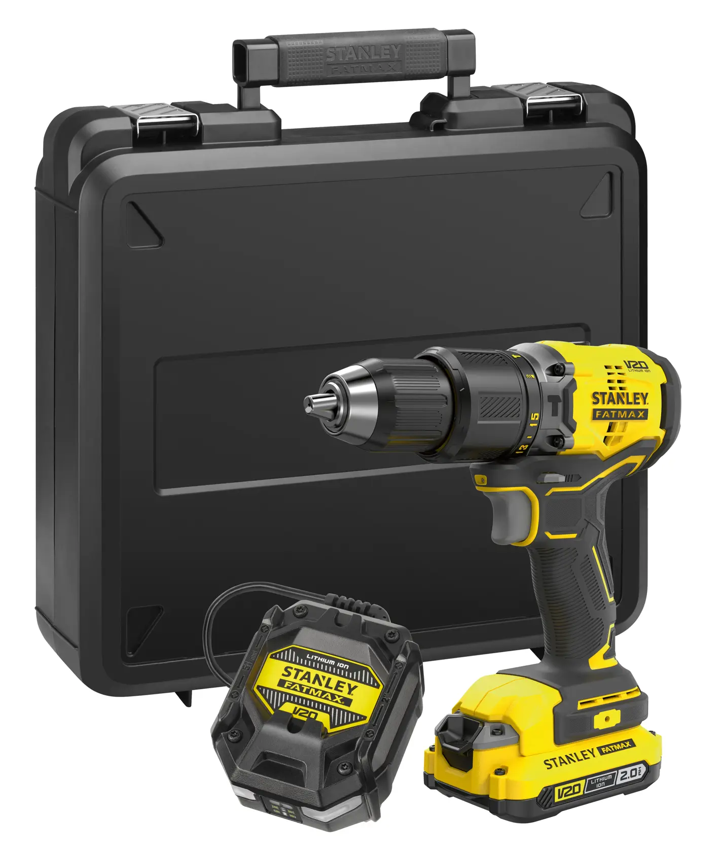 STANLEY SFMCD715D1K Akku-Bohrmaschine mit Batterie, Ladegerät und schwarzem Transportkoffer, Vorderansicht.