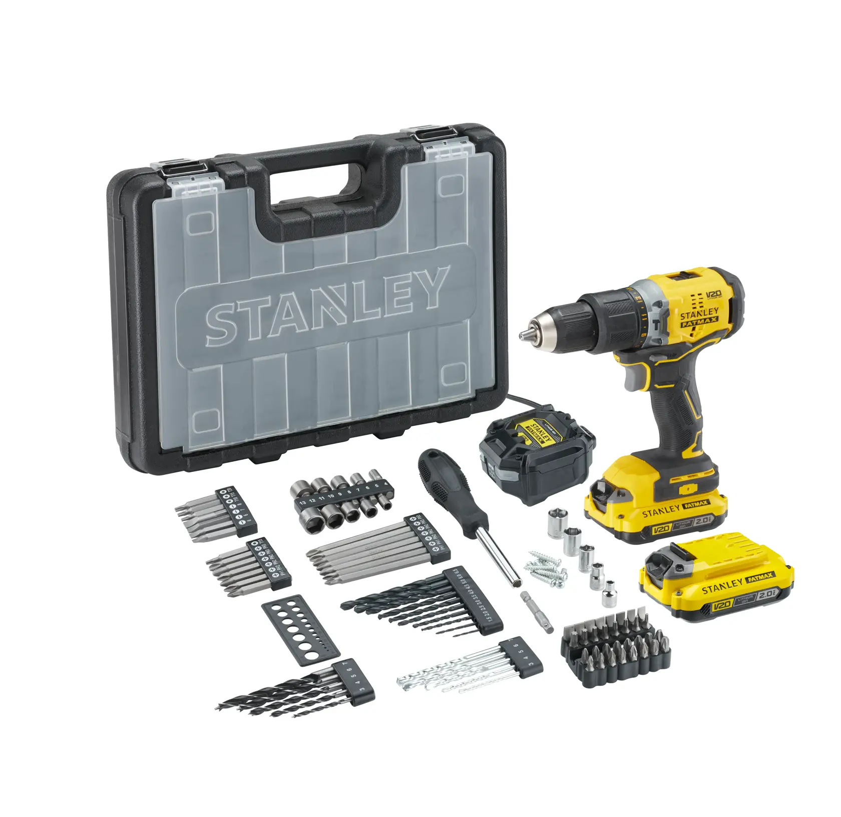Stanley SFMCD715D2A Akku-Bohrerset mit gelber Bohrmaschine, zwei Akkus, Zubehör und schwarzem Koffer, Vorderansicht.
