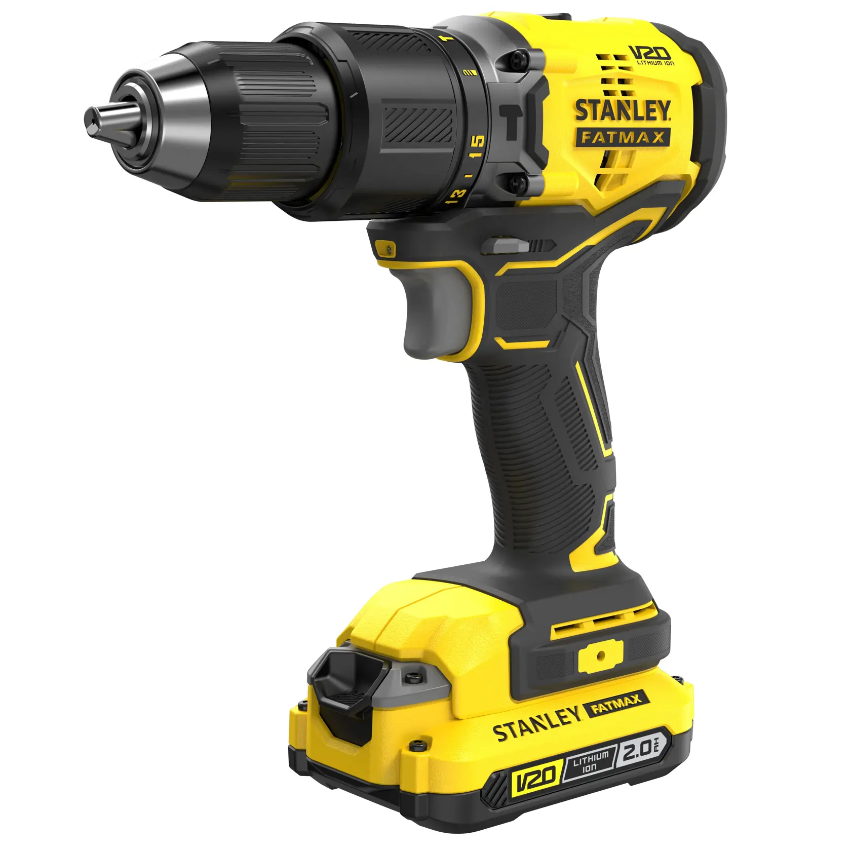 Foto von STANLEY SFMCD715D2K Akku-Bohrmaschine, gelb und schwarz, Front-Links-Ansicht, V20 Fatmax Serie.