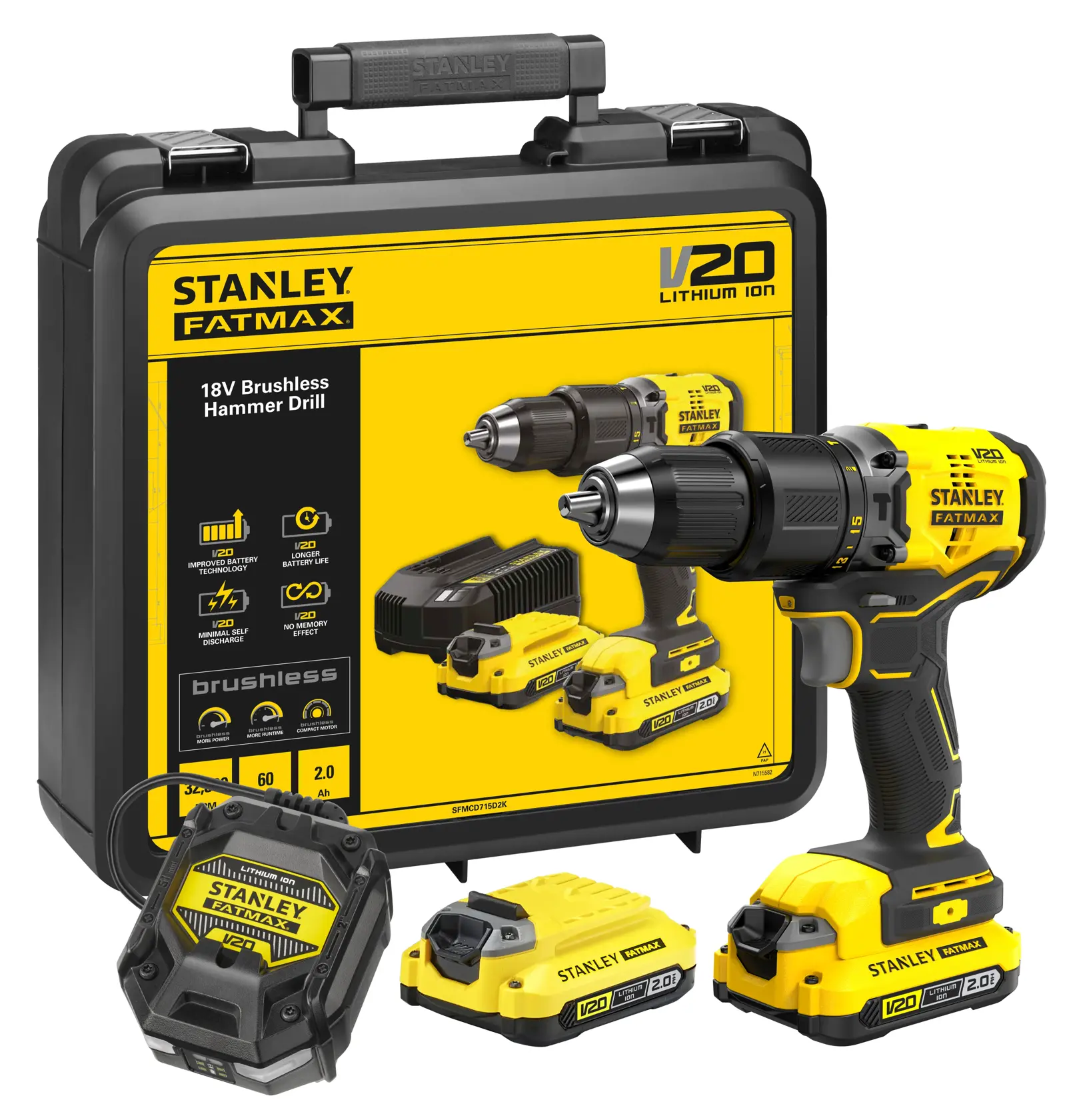 STANLEY SFMCD715D2K V20 Bohrhammer-Set, 18V bürstenlos, gelb-schwarz, mit Akkus und Koffer, Vorderansicht.