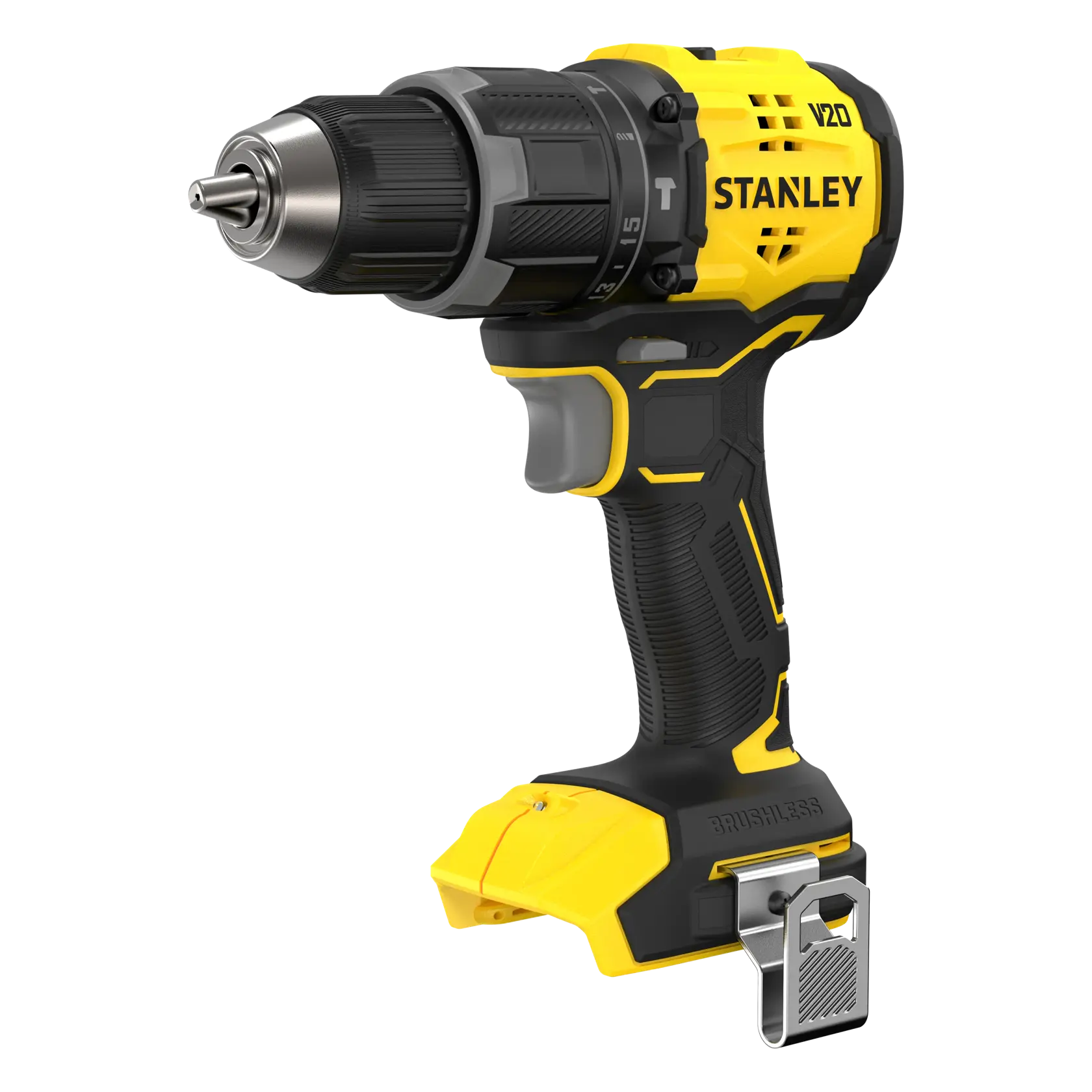 Foto des STANLEY SFMCD716B-XJ Akku-Bohrers, gelb und schwarz, rechte Seitenansicht, Griff und Bohrfutter sichtbar.