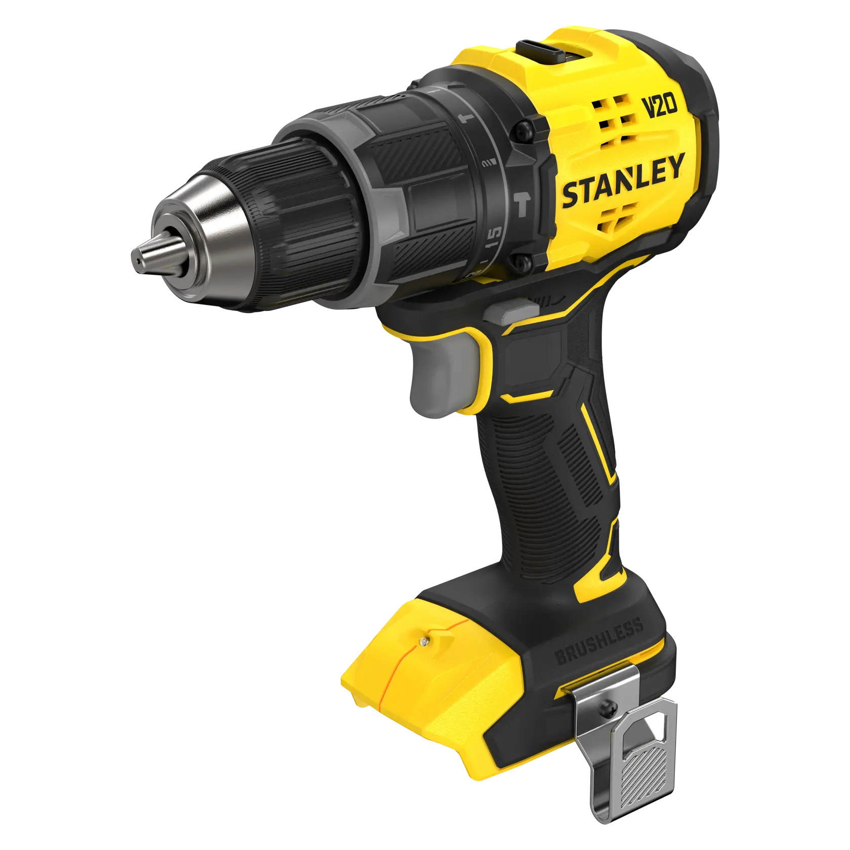 STANLEY SFMCD716B-XJ Akku-Bohrmaschine, gelb und schwarz, schräge Ansicht auf weißem Hintergrund.