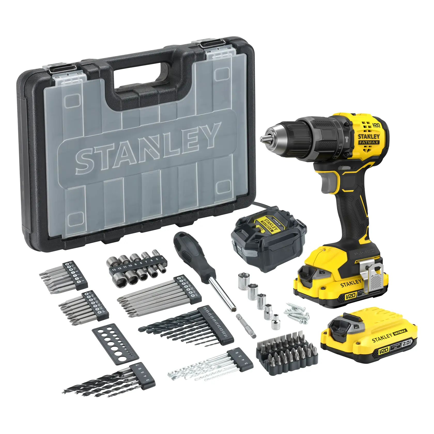 Stanley SFMCD716D2A Bohrerset mit gelbem Akku-Bohrer, zwei Batterien, Koffer, Schrauberbits, Stecknüssen, Zubehör.