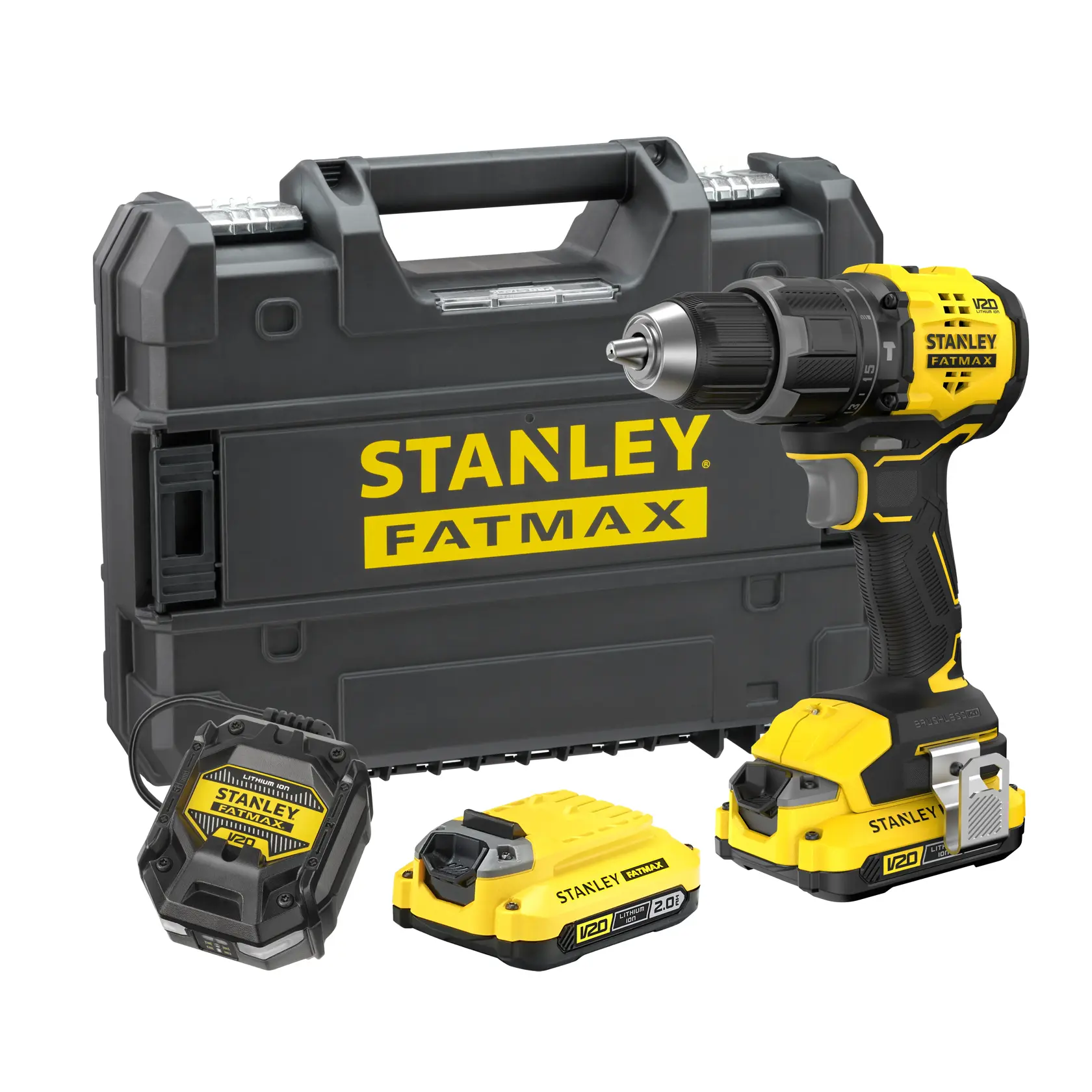 STANLEY SFMCD716D2T Bohrerset mit V20 Akkus, Ladegerät und Hartschalenkoffer, Vorderansicht auf weißem Hintergrund.