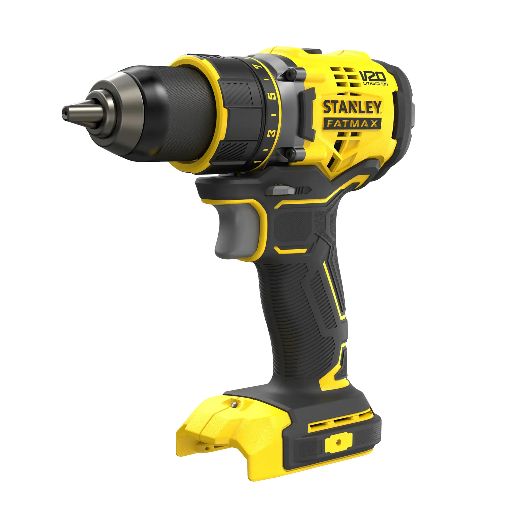STANLEY SFMCD720B Akku-Bohrmaschine, gelb und schwarz, Seitenansicht von rechts auf weißem Hintergrund.
