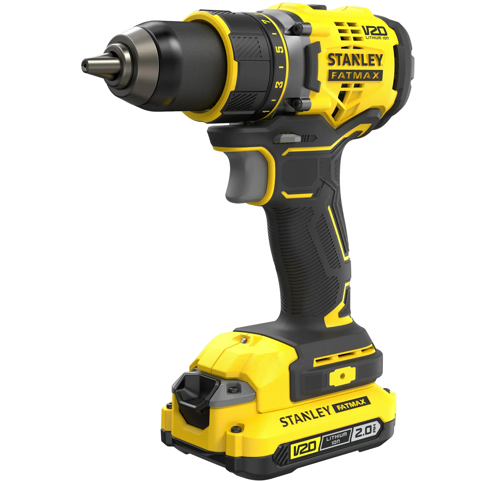 Photo of STANLEY SFMCD720D2K cordless drill driver, yellow and black, angled right on white background.