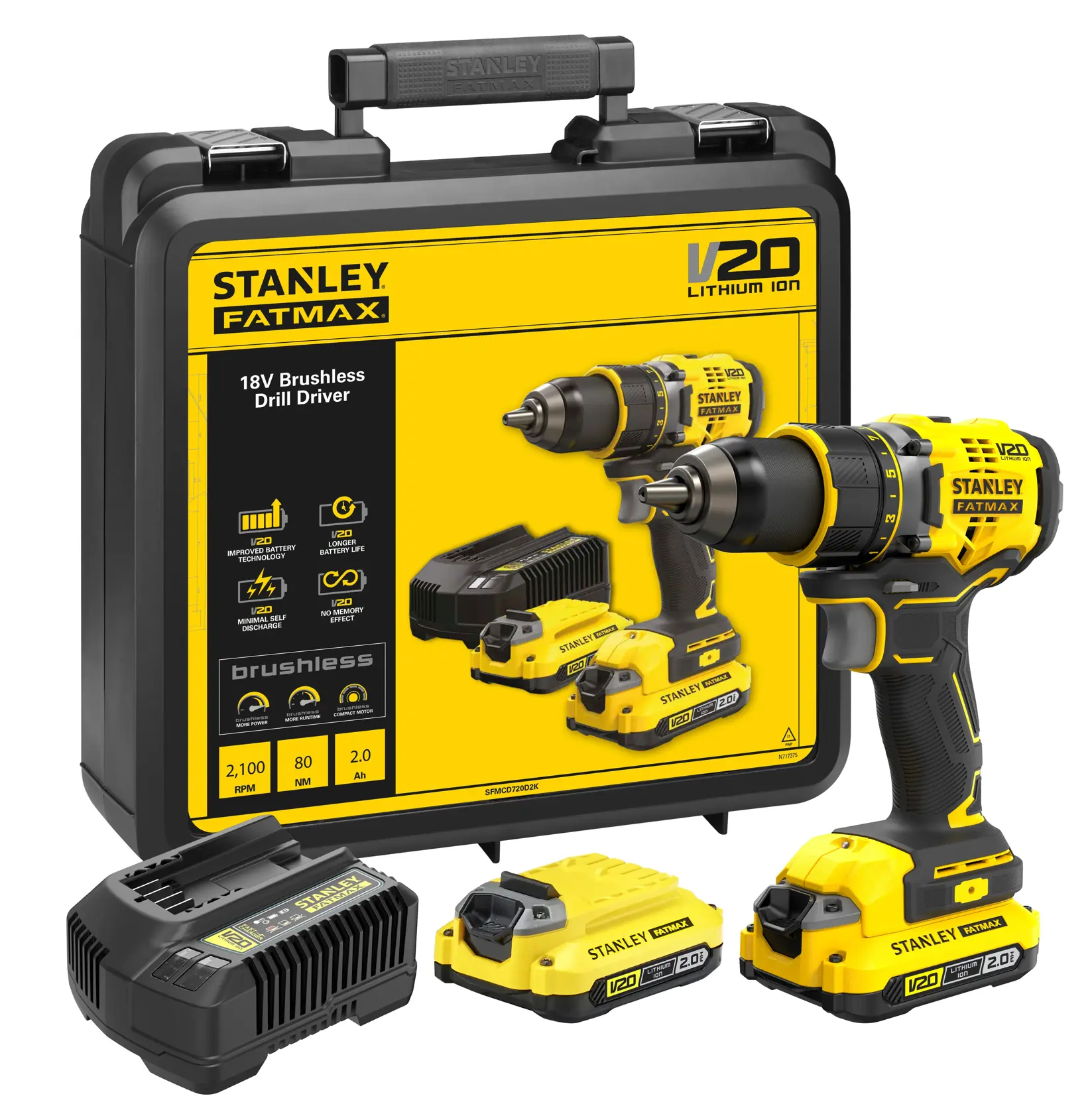 STANLEY SFMCD720D2K Akku-Bohrschrauber, gelb und schwarz, Seitenansicht, mit V20 Lithium-Ionen 2,0Ah Akku.