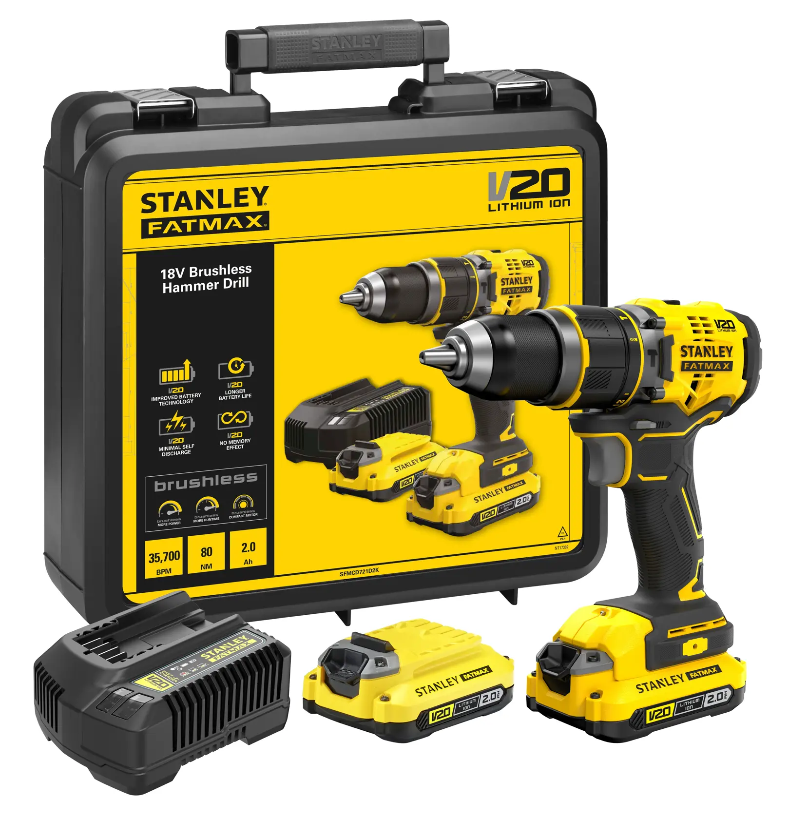 STANLEY SFMCD721D2K 18V Brushless Schlagbohrerset mit Koffer, Ladegerät und zwei Akkus, Vorderansicht.