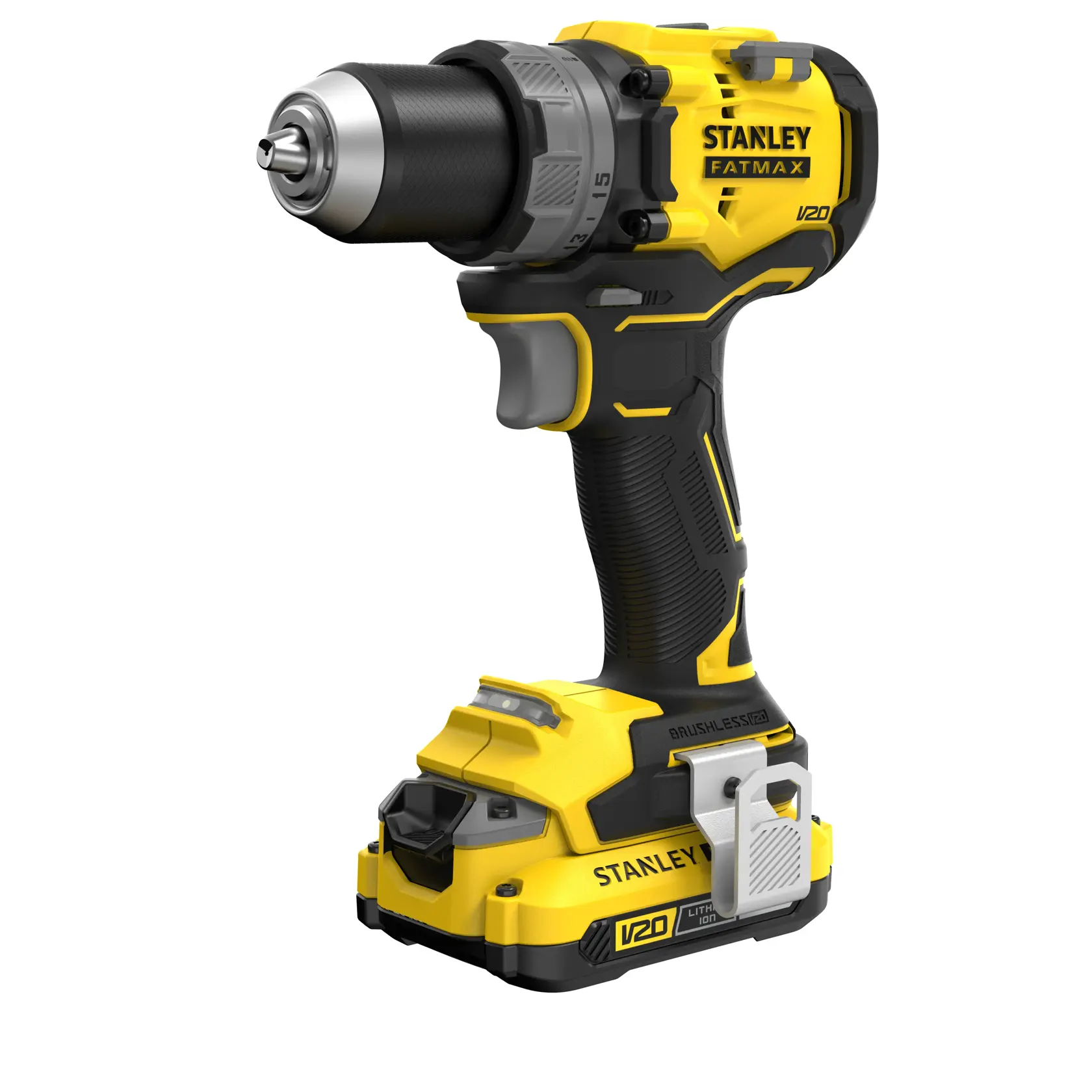 STANLEY SFMCD725D2K Akku-Bohrmaschine, V20, gelb und schwarz, Seitenansicht, bürstenloser Motor sichtbar.