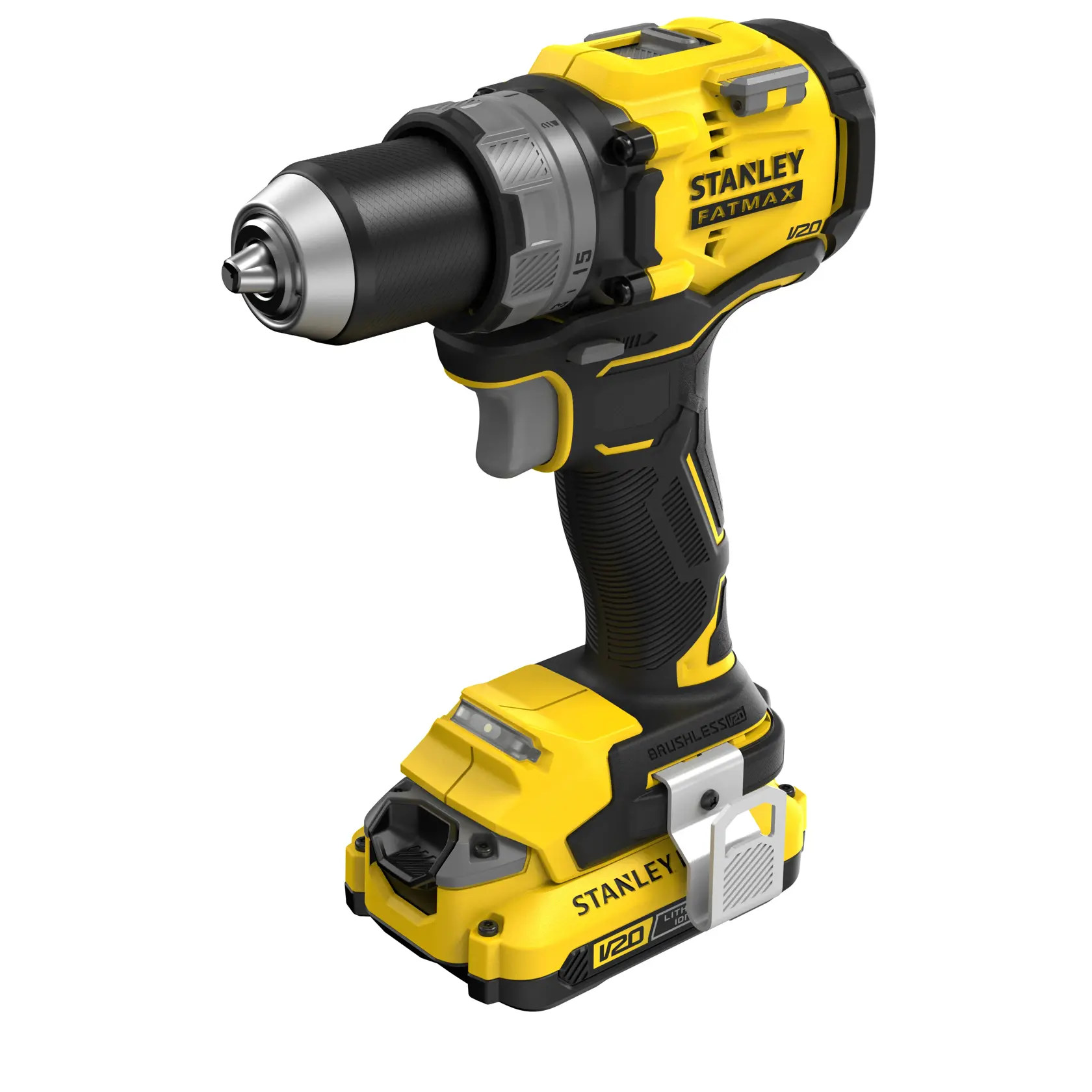 Stanley SFMCD725D2K Akkubohrmaschine, gelb und schwarz, rechte Seitenansicht, robuster Griff, Brushless-Motor.