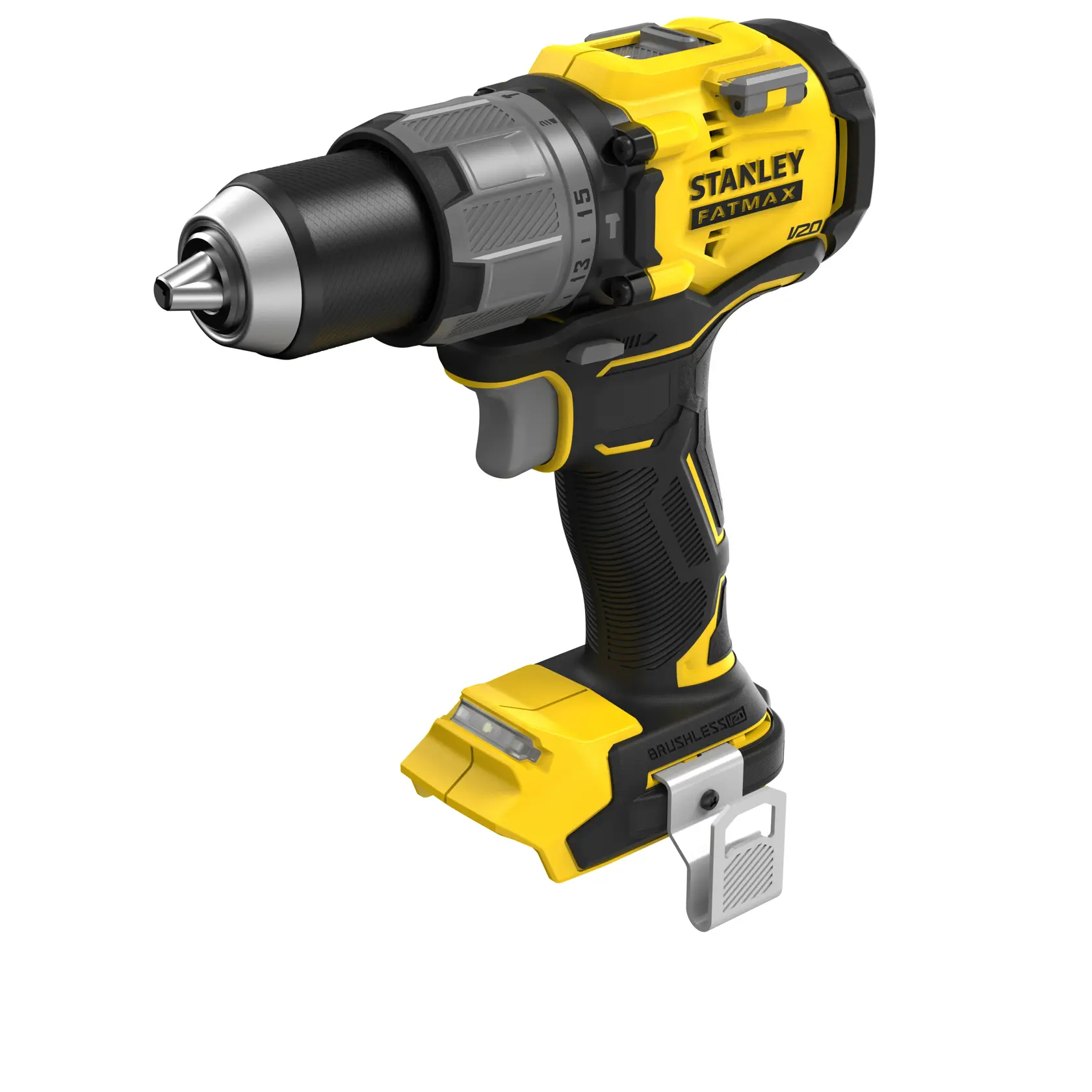 STANLEY SFMCD726B Akku-Bohrmaschine mit bürstenlosem Motor, gelb und schwarz, schräge Vorderansicht auf weißem Hintergrund.
