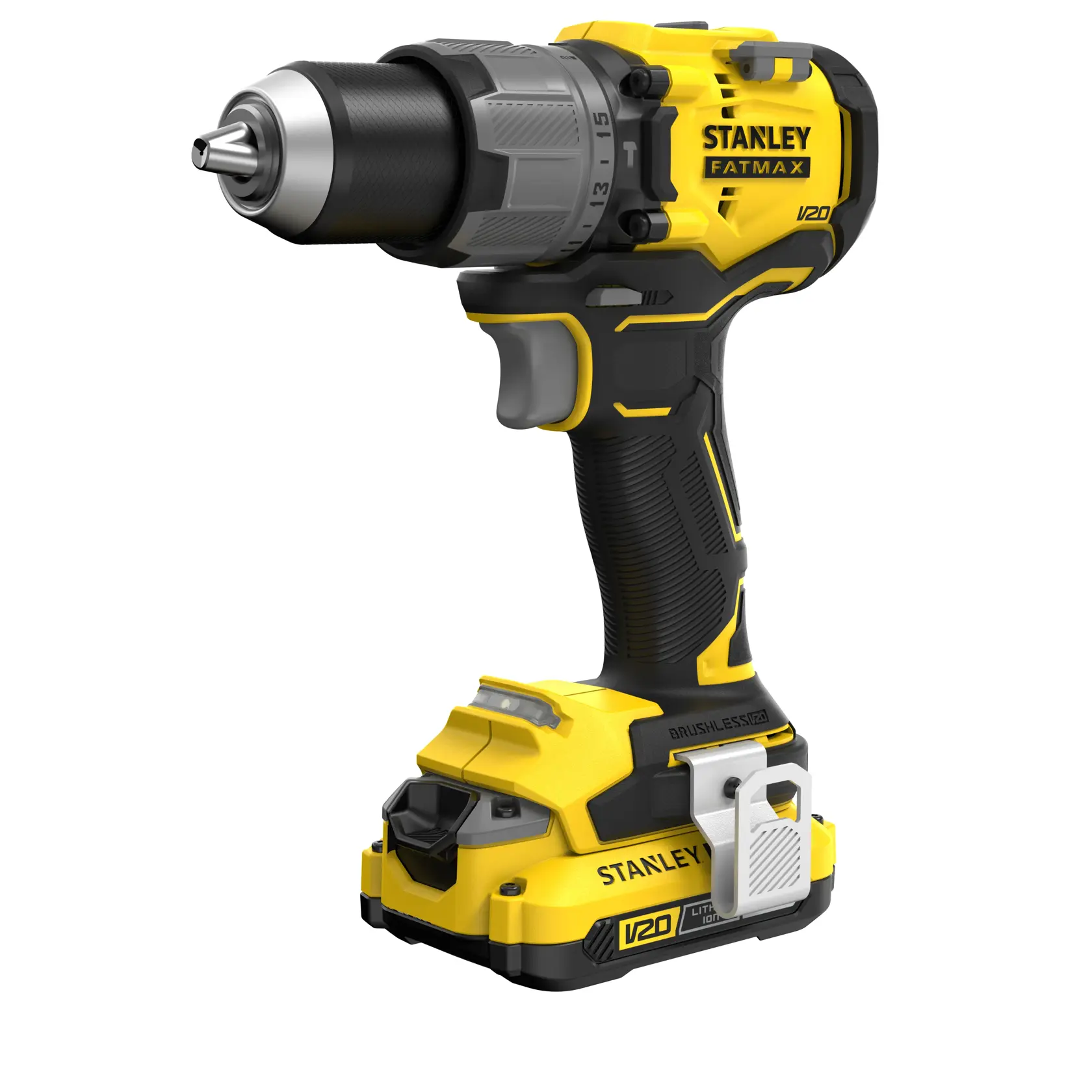 STANLEY SFMCD726D2K Akku-Bohrmaschine, gelb und schwarz, Seitenansicht, kompaktes Design mit Akku.