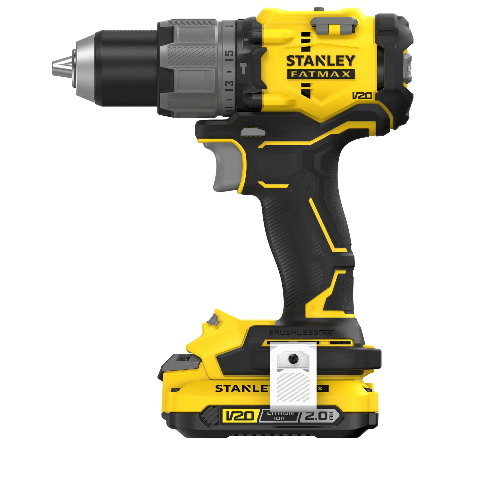STANLEY SFMCD726D2K Akku-Bohrmaschine, gelb-schwarz, Seitenansicht, V20 FatMax-Serie, bürstenloser Motor.