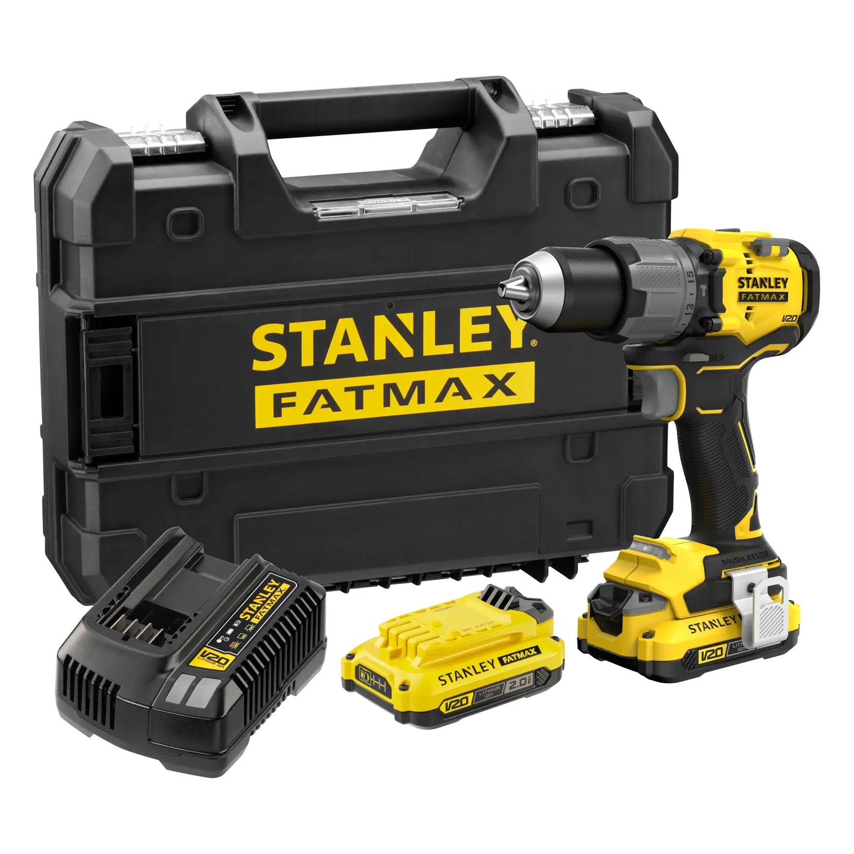 Stanley SFMCD726D2T Akku-Bohrerset mit Koffer, Ladegerät und zwei V20 Batterien, Vorderansicht Foto.
