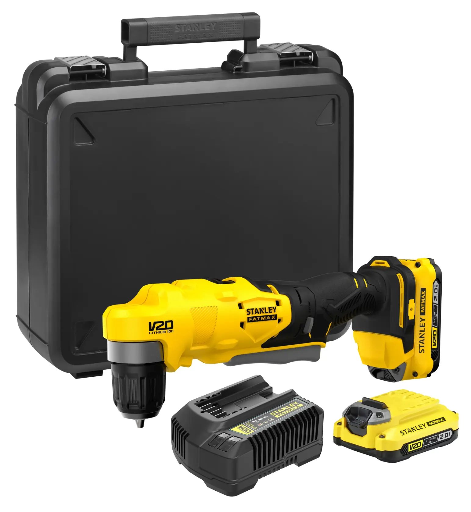 STANLEY FATMAX V20 Akku-Bohrmaschinen-Set mit einem gelb-schwarzen Winkelschrauber, zwei Akkus, einem Ladegerät und einem stabilen schwarzen Transportkoffer.