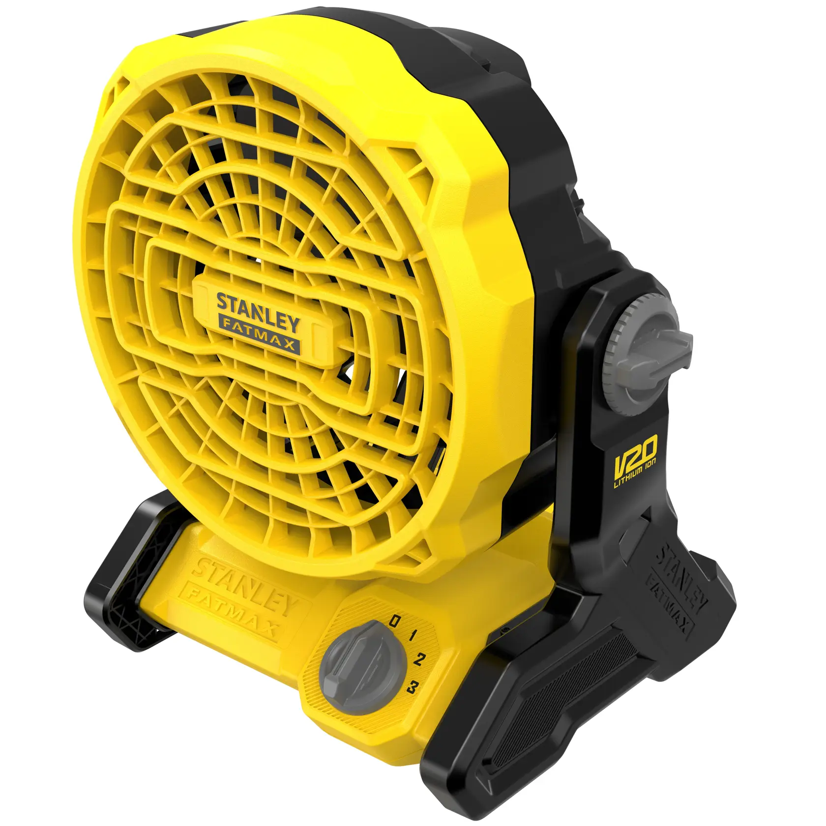 STANLEY SFMCE001B portable yellow and black battery-powered fan, front angle on white background.