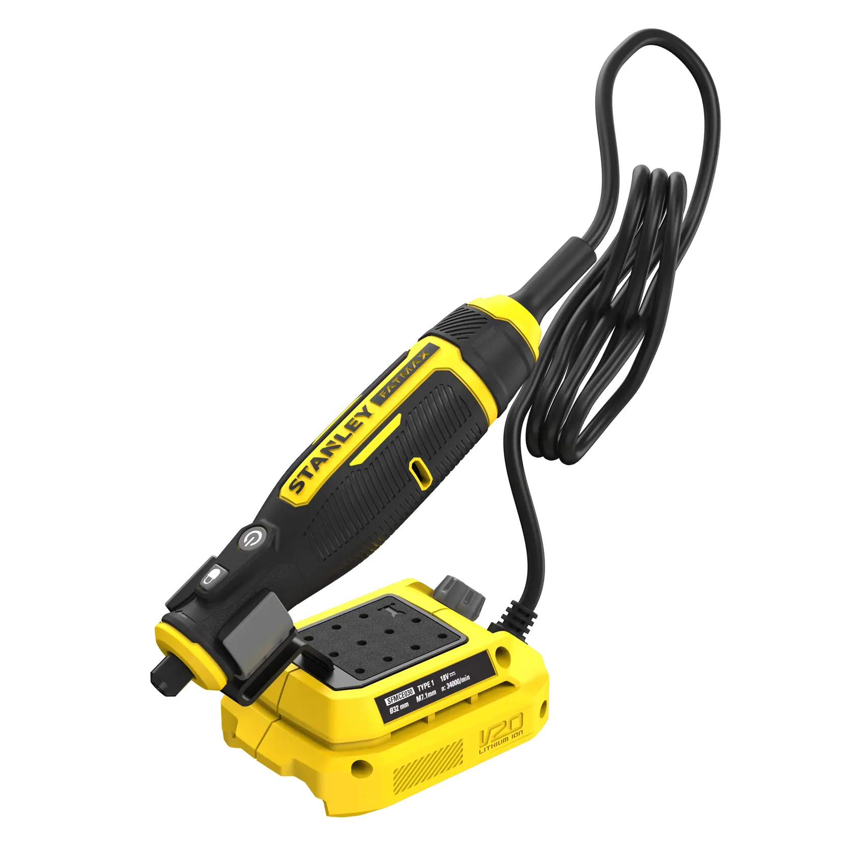 Photo of STANLEY SFMCE030B rotary tool with black and yellow design, V20 base, and attached power cord, angled on white background.