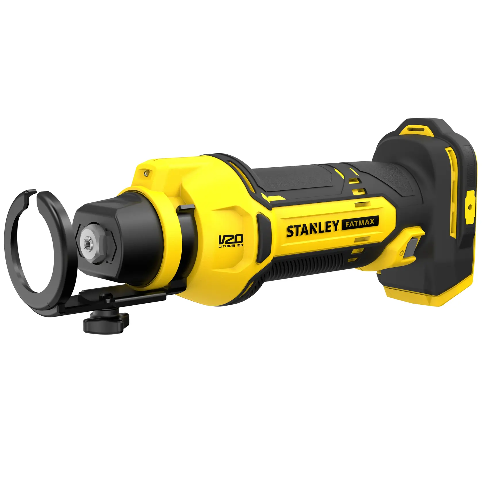 STANLEY SFMCE200B kabelloses gelb-schwarzes Rotationswerkzeug Seitenansicht auf weißem Hintergrund.