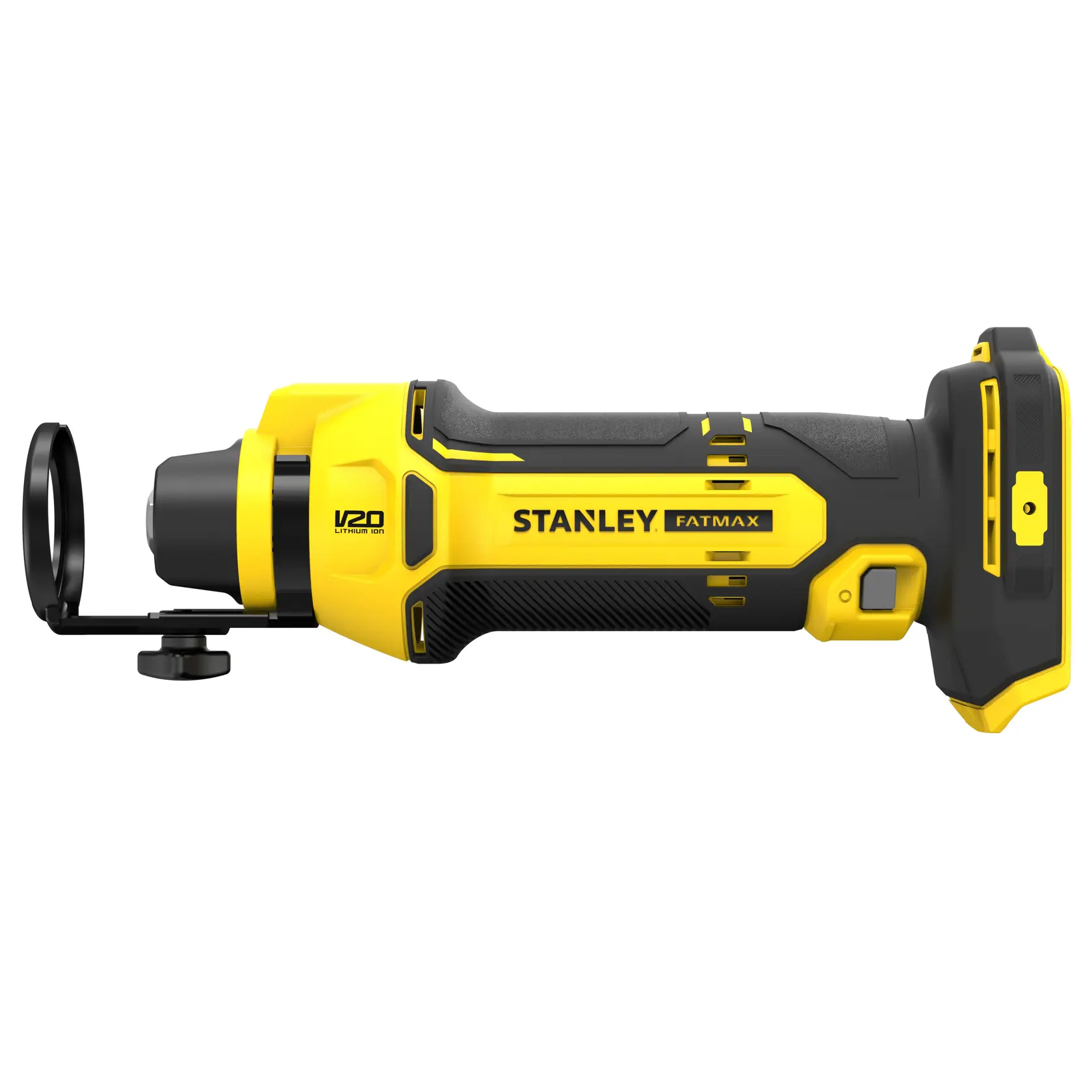 STANLEY SFMCE200B Drehwerkzeug gelb und schwarz, Seitenansicht auf weißem Hintergrund.