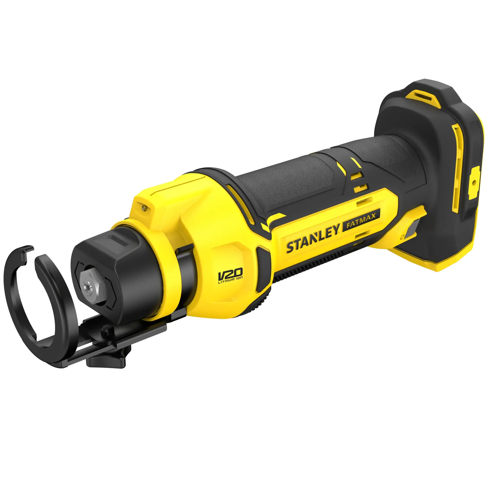 STANLEY SFMCE200B Fotografie von gelb-schwarzem kabellosem Rotationswerkzeug, schräg auf weißem Hintergrund.