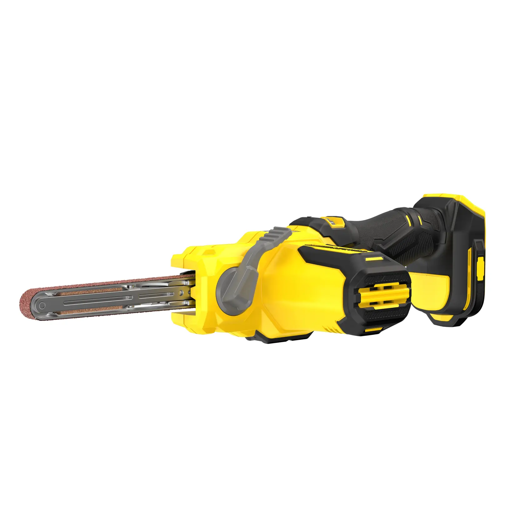 STANLEY SFMCE210B Akku-Bandschleifer, gelb und schwarz, Seitenansicht auf weißem Hintergrund.