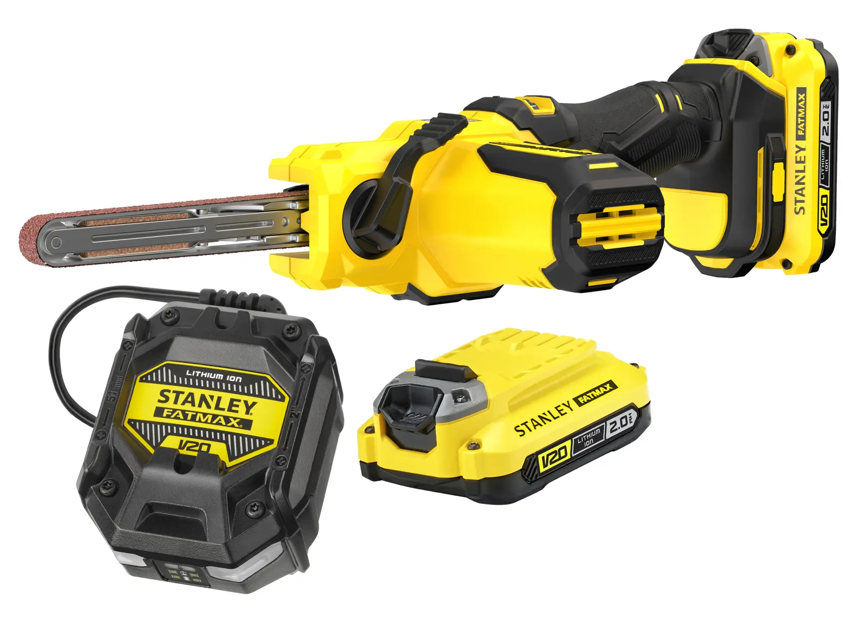 STANLEY SFMCE210D2 kabelloses Schleifband-Feilen-Set, gelb und schwarz, Vorderansicht.