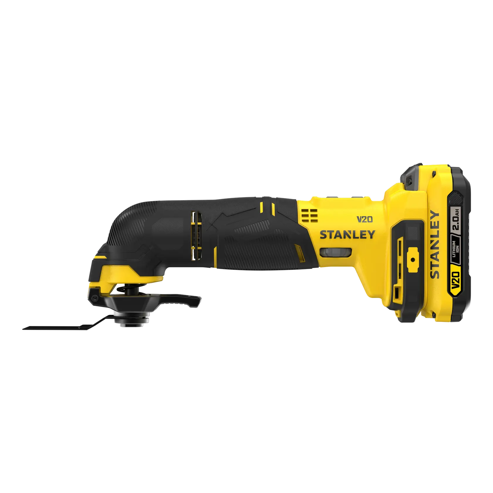 STANLEY SFMCE500D2K kabelloses oszillierendes Multitool, gelb und schwarz, Seitenansicht, weißer Hintergrund.