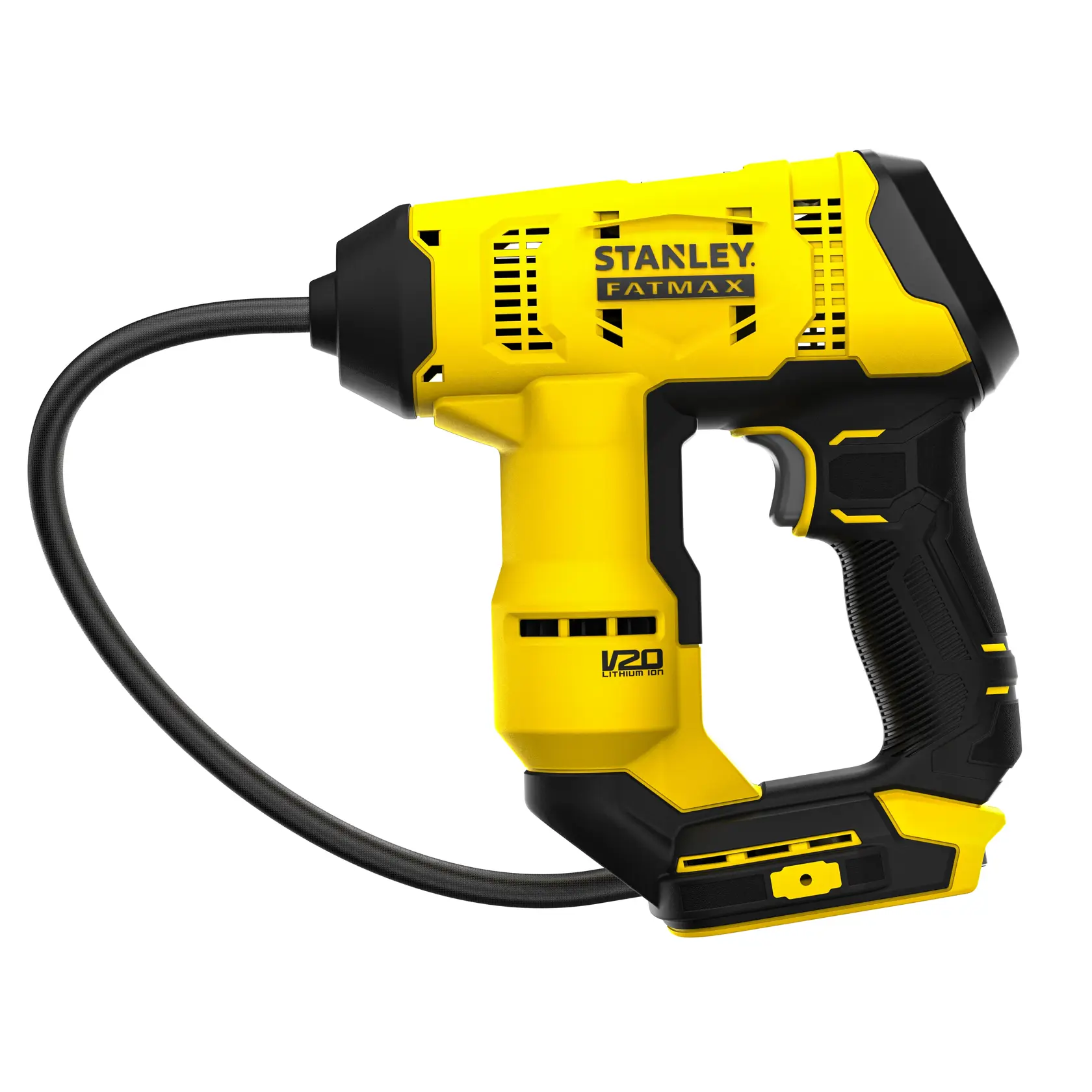STANLEY SFMCE521B Akku-Luftpumpe, gelb und schwarz, Seitenansicht vor weißem Hintergrund.