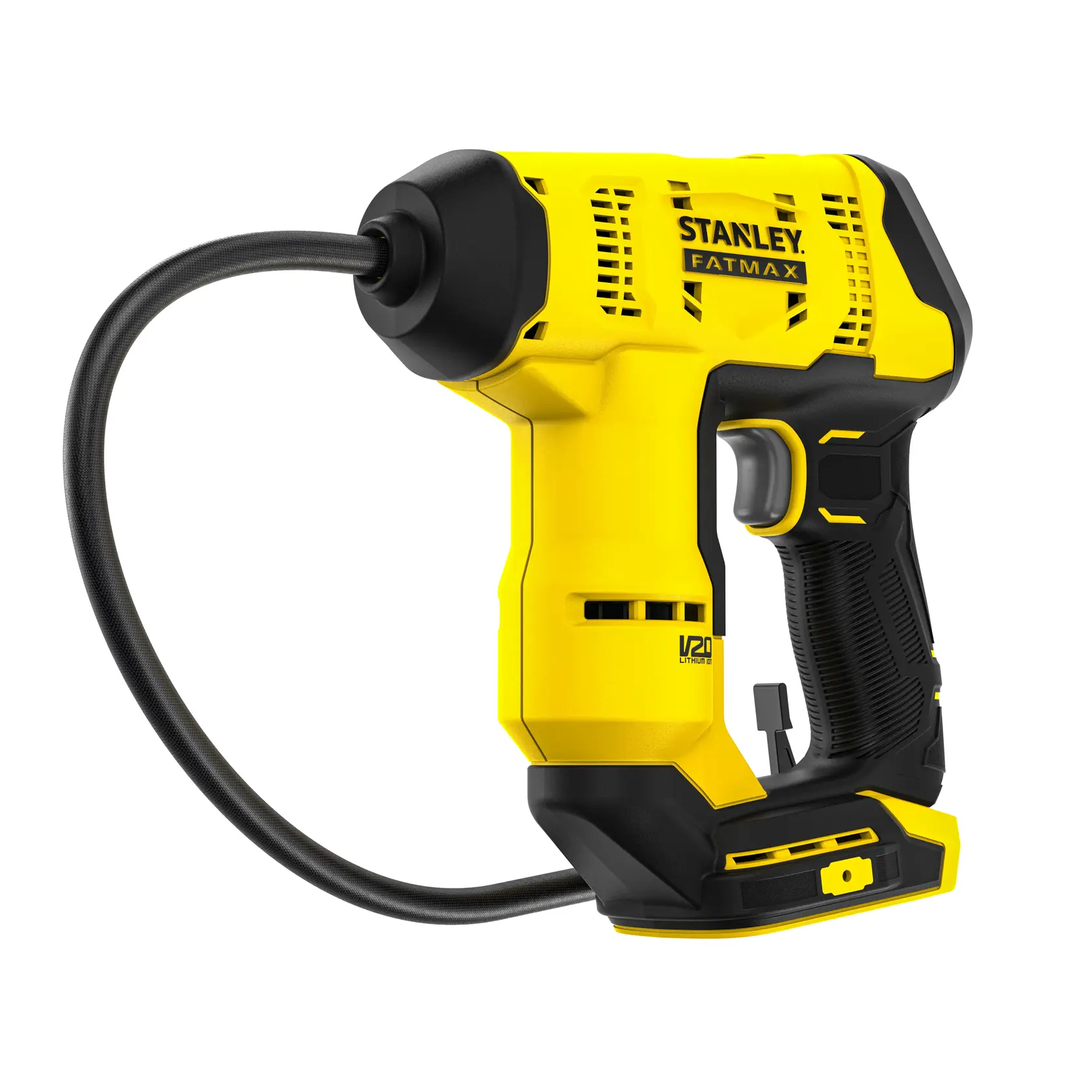 STANLEY SFMCE521B Inflator Fotografie, gelb und schwarz, Vorderansicht rechts auf weißem Hintergrund.