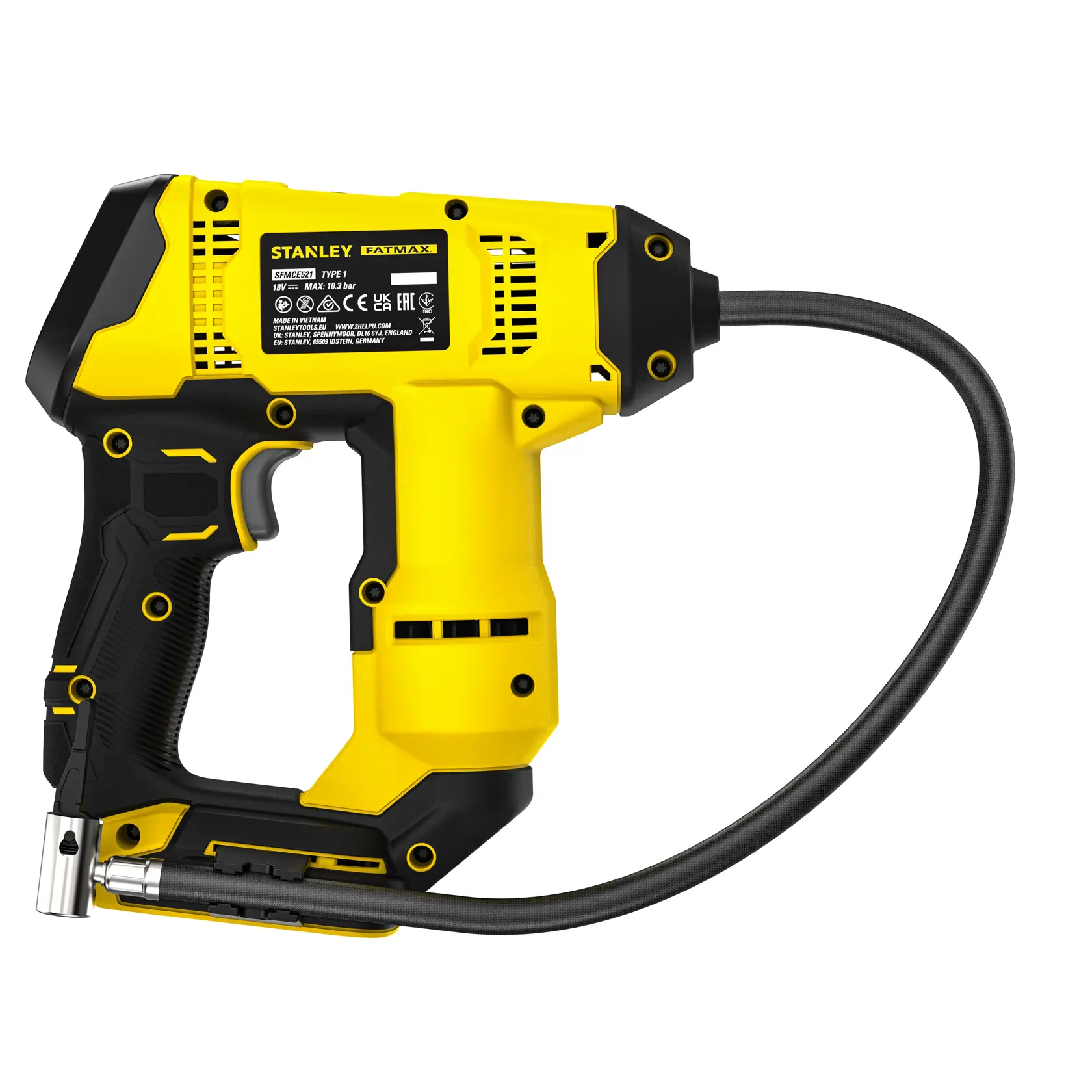 STANLEY SFMCE521B kabelloser elektrischer Inflator, gelb und schwarz, Seitenansicht auf weißem Hintergrund.