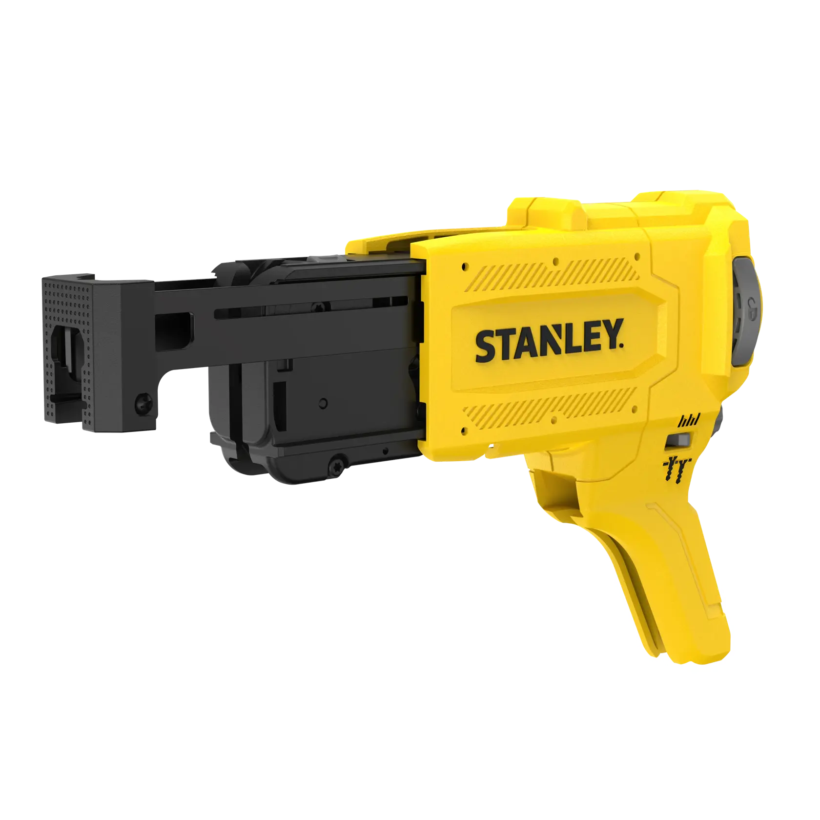 STANLEY SFMCF6001 gelbes und schwarzes Befestigungswerkzeug Seitenansicht auf weißem Hintergrund.