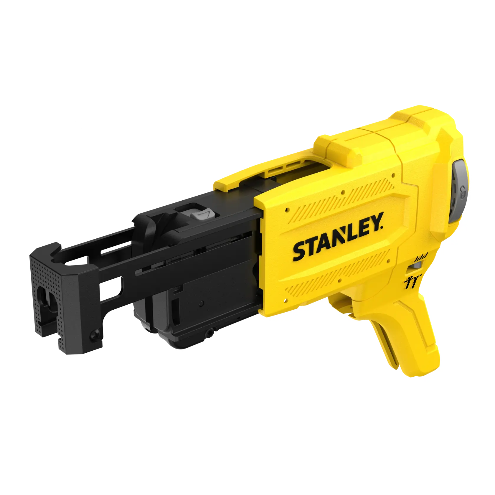 STANLEY SFMCF6001 gelb-schwarzes Befestigungswerkzeug, Seitenansicht auf weißem Hintergrund.
