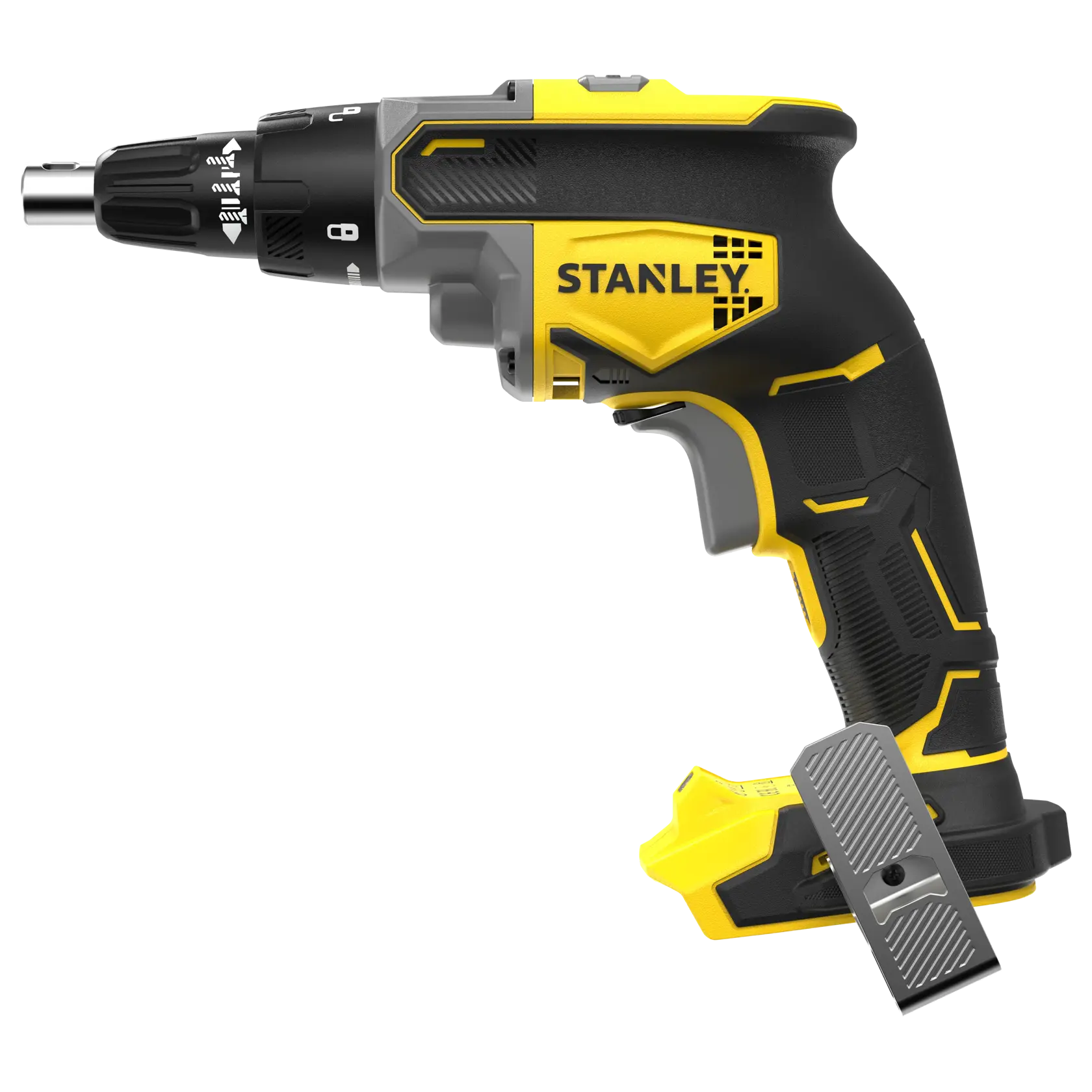 STANLEY SFMCF600B Akku-Schraubendreher, Seitenansicht, schwarzer und gelber Griff, Präzisionseinstellung, Produktfoto.
