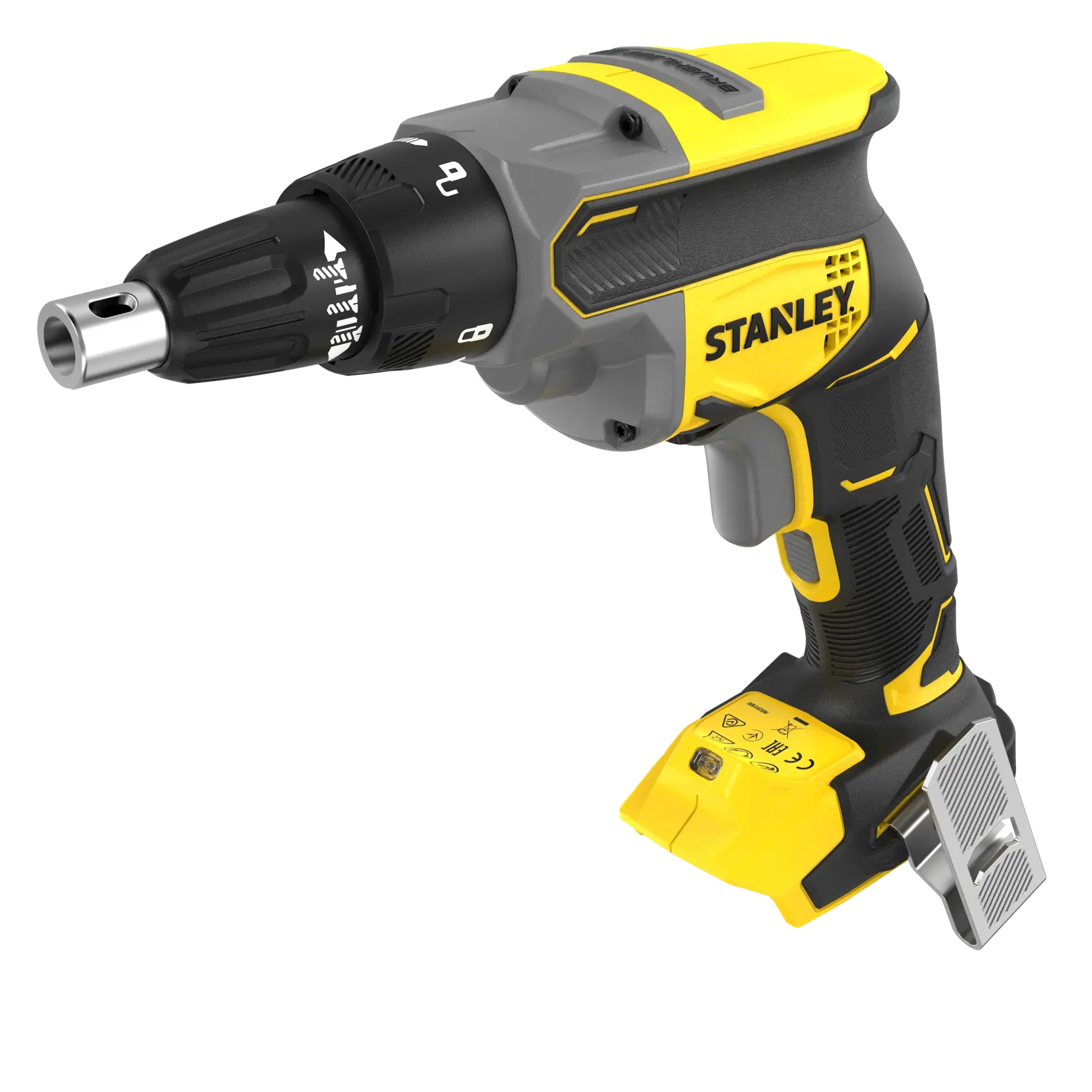 Foto der STANLEY SFMCF600B Akku-Schraubpistole, gelb und schwarz, Seitenansicht auf weißem Hintergrund.