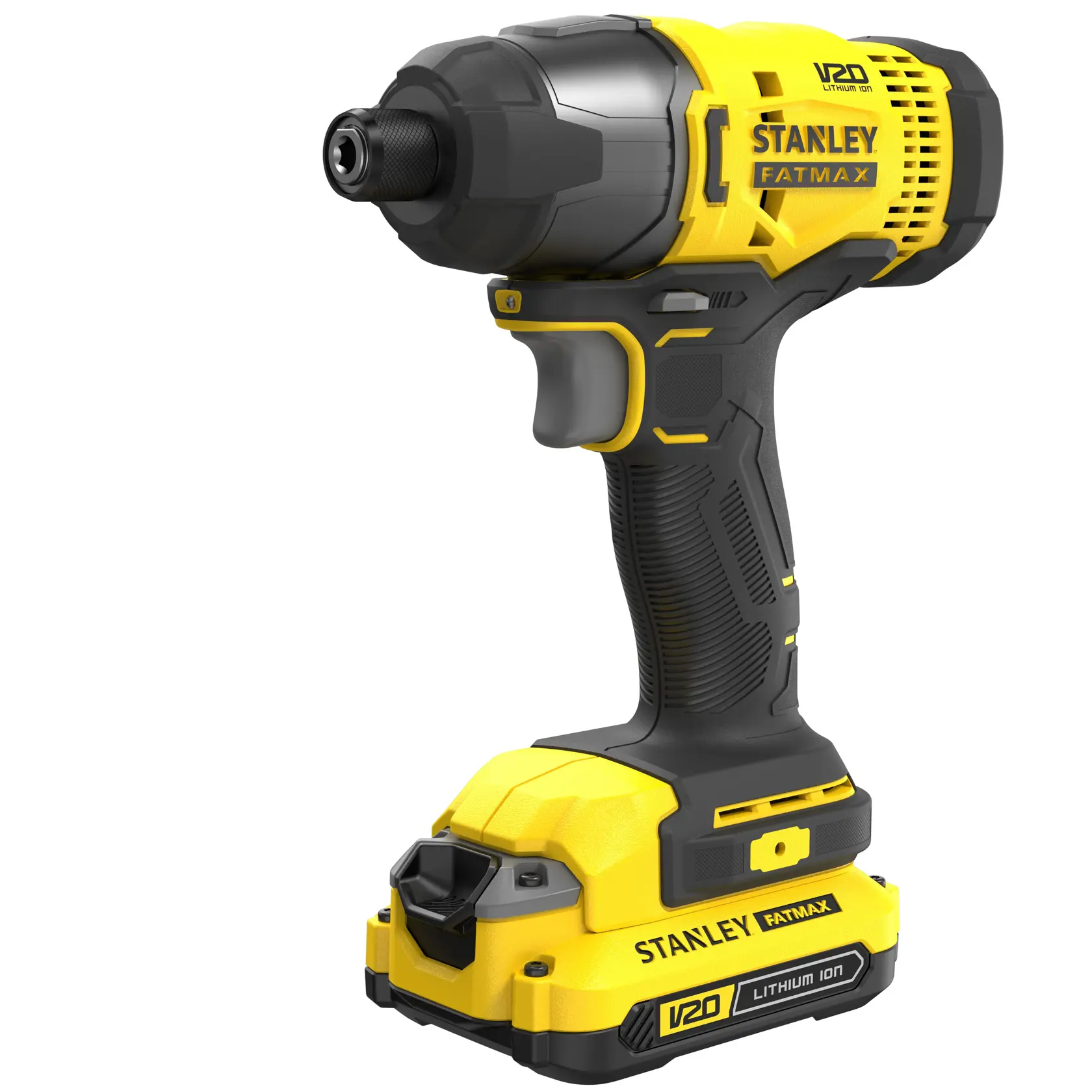 Photo of STANLEY SFMCF800C2K V20 cordless impact driver, yellow and black, front angle, with battery attached.