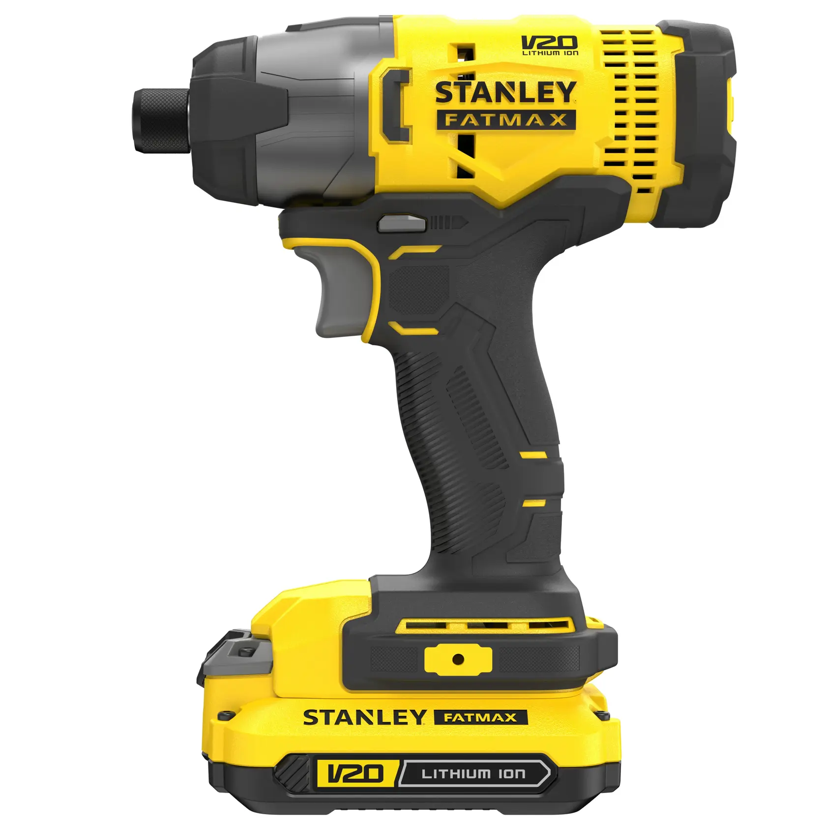 STANLEY SFMCF800C2K cordless impact driver, yellow and black, side view on white background.