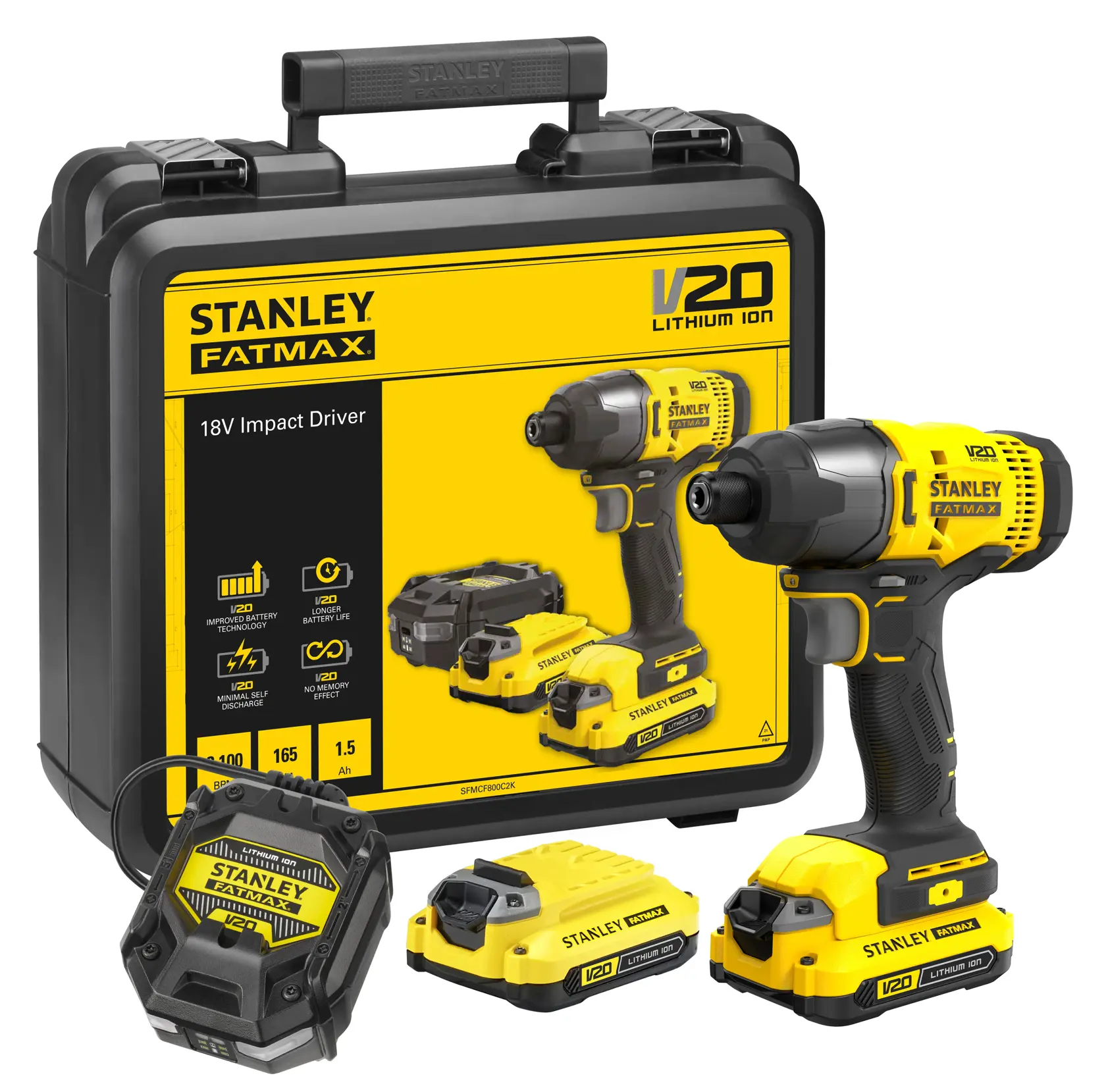 STANLEY SFMCF800C2K 18V Schlagschrauber-Set, gelb und schwarz, mit Akkus und Koffer, Vorderansicht.
